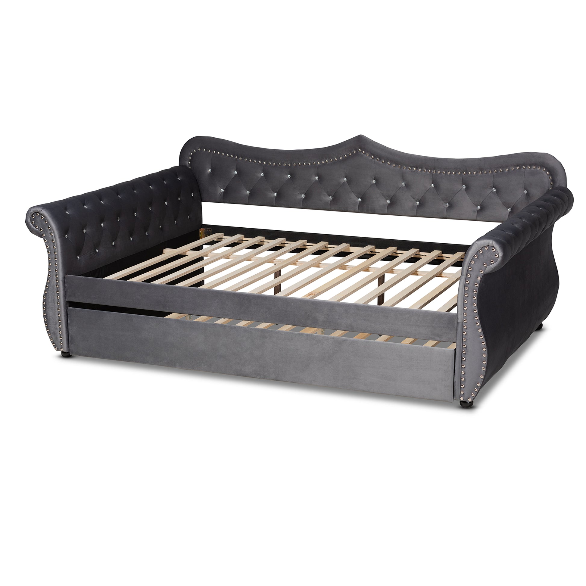 Baxton Studio Abbie Traditional and Transitional Grey Velvet Fabric Upholstered and Crystal Tufted Queen Size Daybed with Trundle | Daybeds | Modishstore - 5