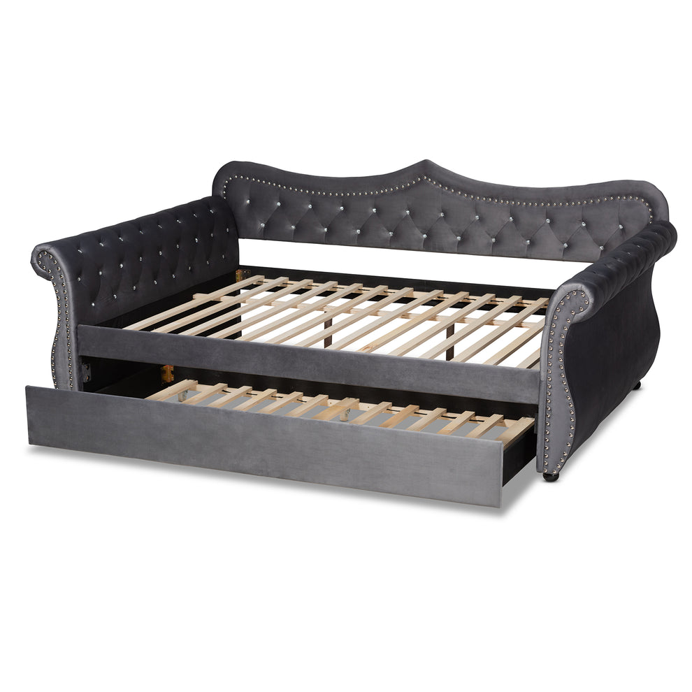 Baxton Studio Abbie Traditional and Transitional Grey Velvet Fabric Upholstered and Crystal Tufted Queen Size Daybed with Trundle | Daybeds | Modishstore - 6