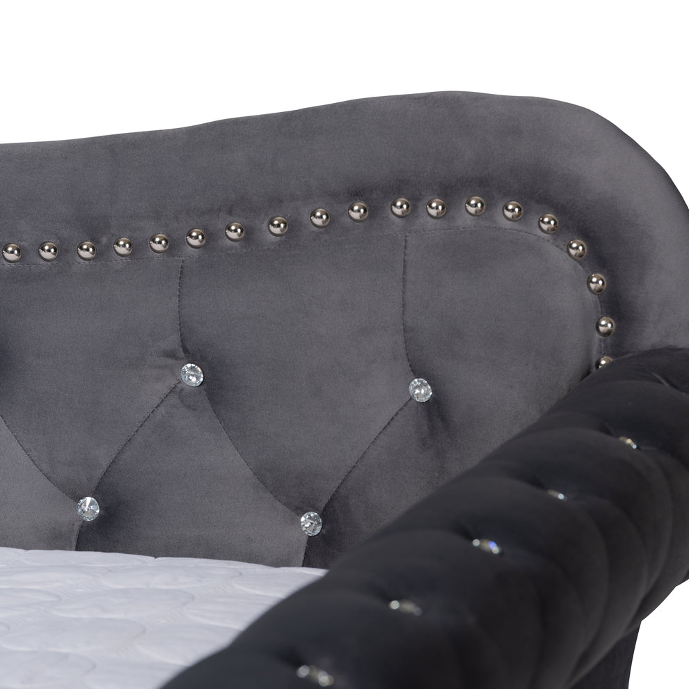 Baxton Studio Abbie Traditional and Transitional Grey Velvet Fabric Upholstered and Crystal Tufted Queen Size Daybed with Trundle | Daybeds | Modishstore - 7