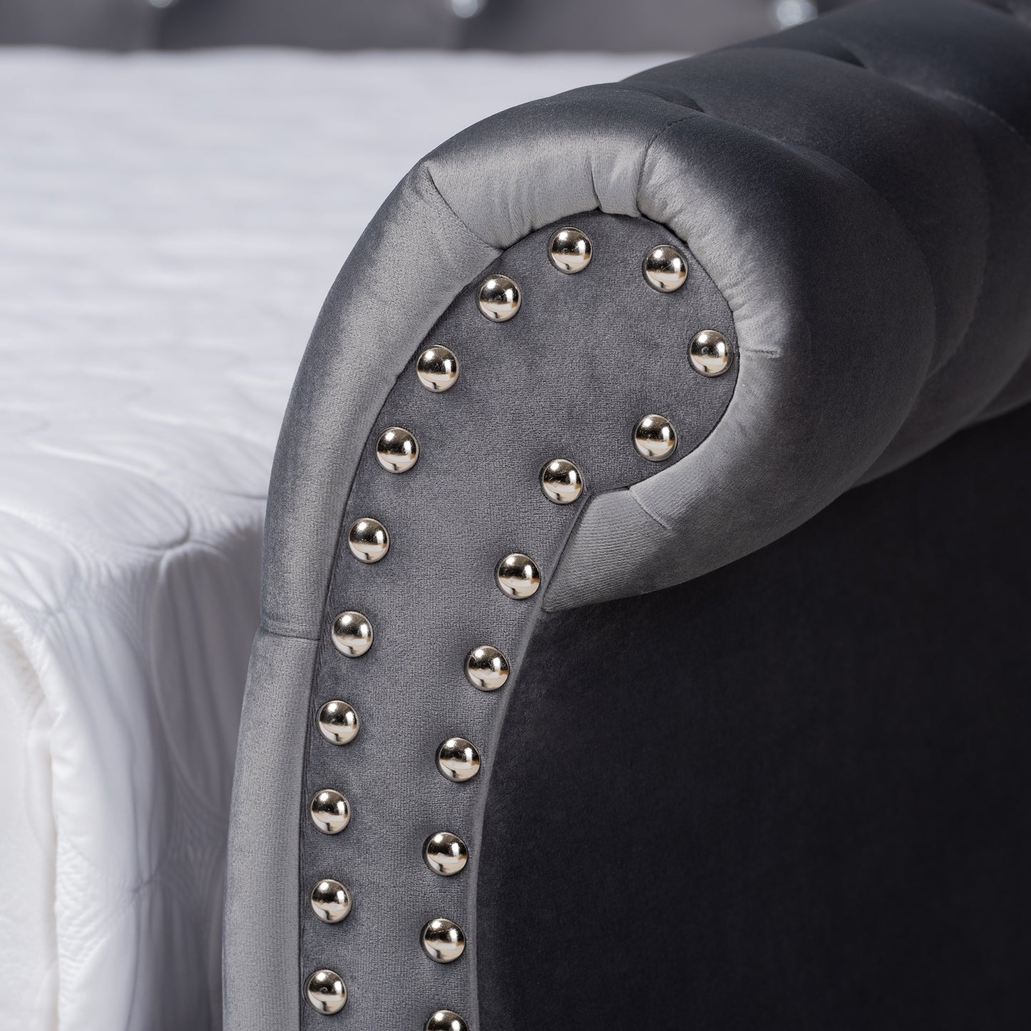 Baxton Studio Abbie Traditional and Transitional Grey Velvet Fabric Upholstered and Crystal Tufted Queen Size Daybed with Trundle | Daybeds | Modishstore - 8