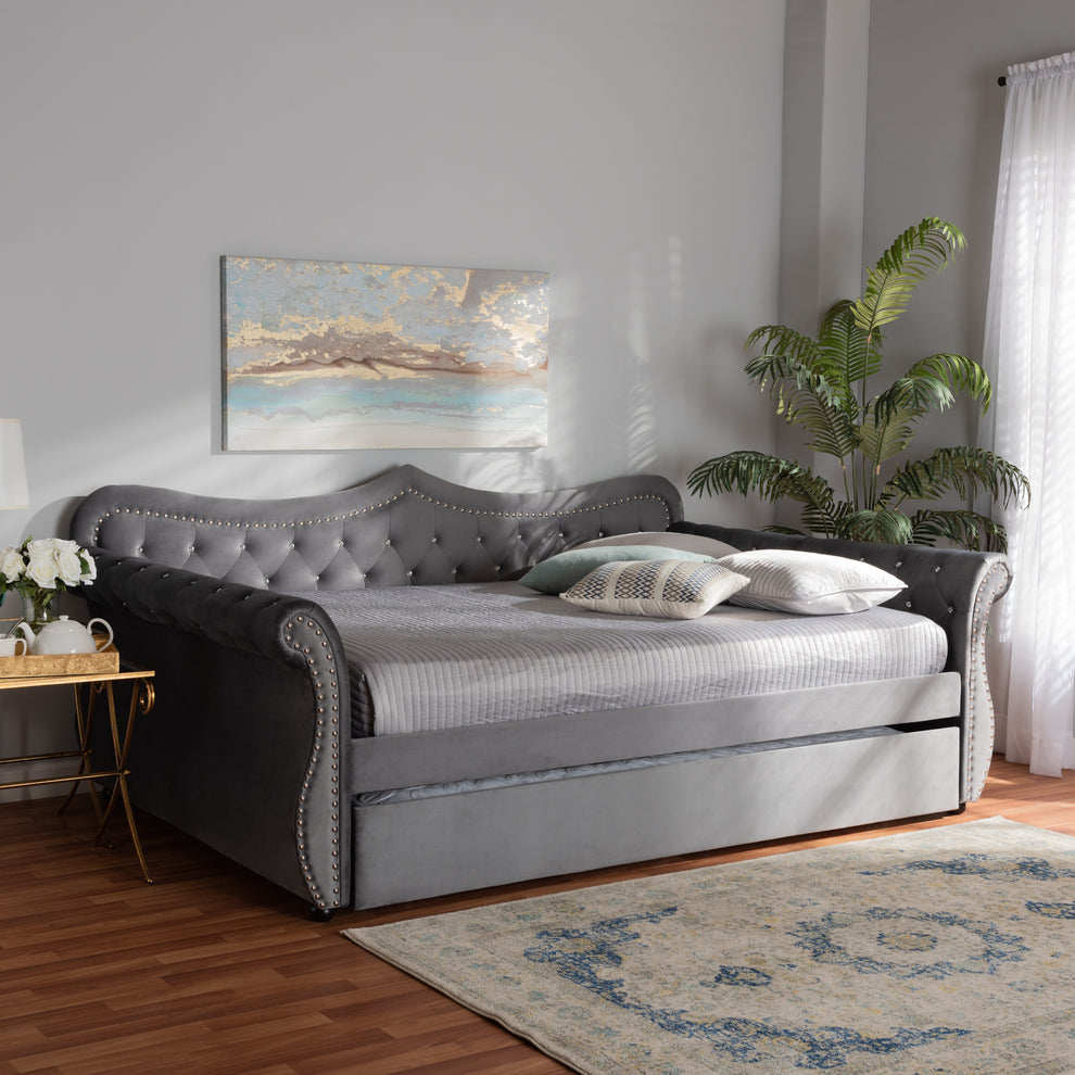 Baxton Studio Abbie Traditional and Transitional Grey Velvet Fabric Upholstered and Crystal Tufted Queen Size Daybed with Trundle | Daybeds | Modishstore - 9