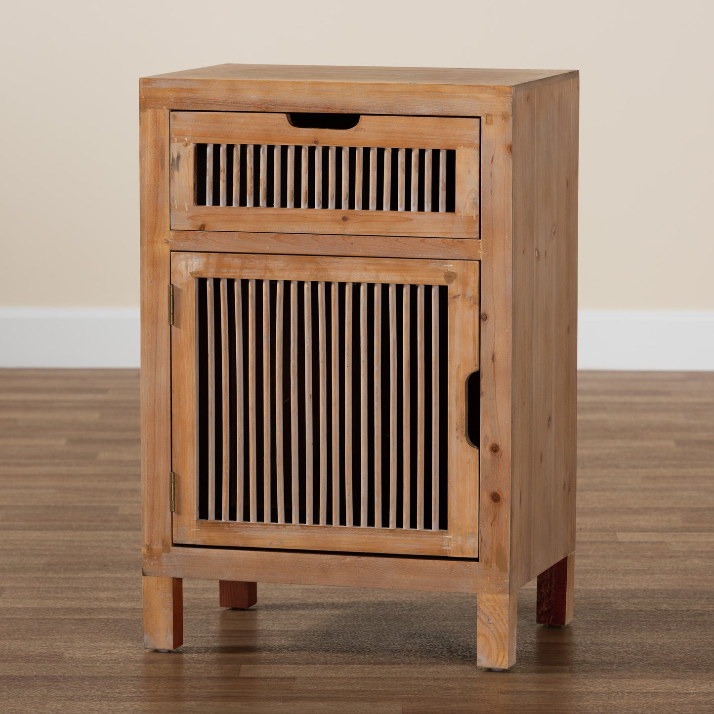 Baxton Studio Clement Rustic Transitional Medium Oak Finished 1-Door and 1-Drawer Wood Spindle End Table | Cabinets | Modishstore - 2