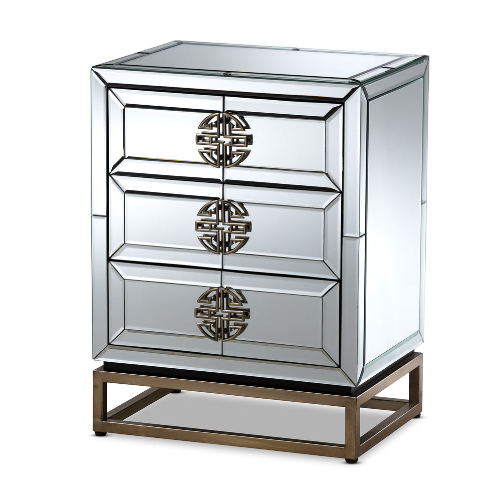 Baxton Studio Laken Contemporary Glam and Luxe Mirrored and Antique Bronze Finished 3-Drawer End Table | Cabinets | Modishstore - 3