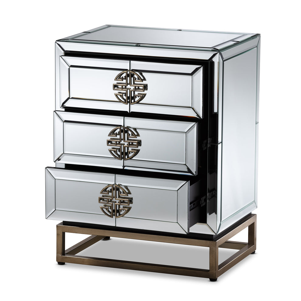 Baxton Studio Laken Contemporary Glam and Luxe Mirrored and Antique Bronze Finished 3-Drawer End Table | Cabinets | Modishstore - 4