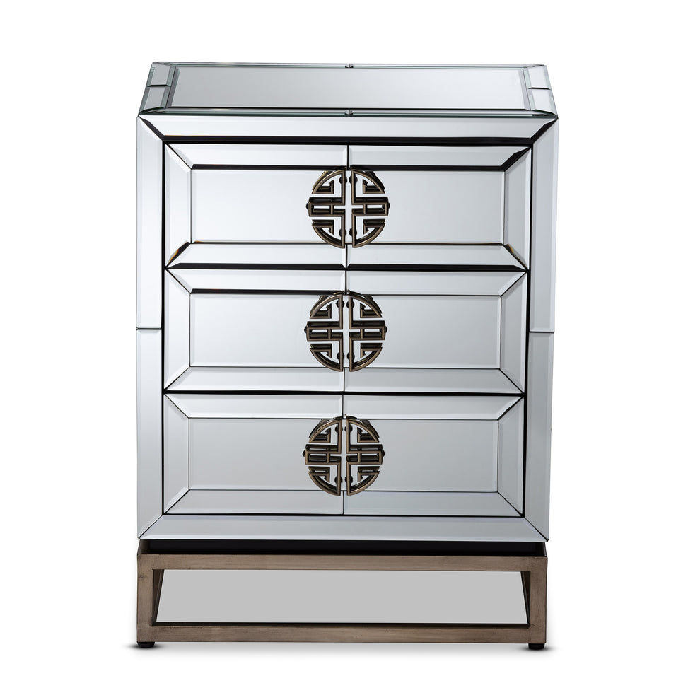 Baxton Studio Laken Contemporary Glam and Luxe Mirrored and Antique Bronze Finished 3-Drawer End Table | Cabinets | Modishstore - 5
