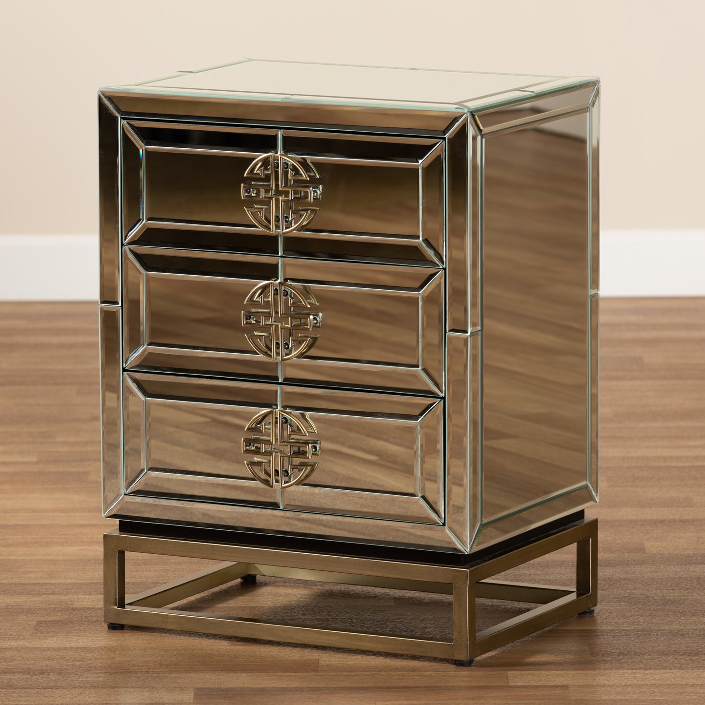 Baxton Studio Laken Contemporary Glam and Luxe Mirrored and Antique Bronze Finished 3-Drawer End Table | Cabinets | Modishstore - 8
