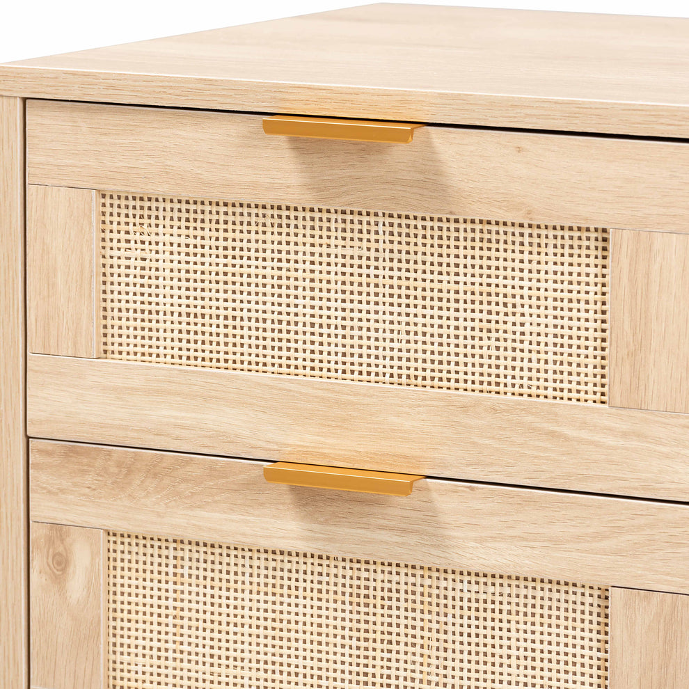 Baxton Studio Baird Mid-Century Modern Light Oak Brown Finished Wood and Rattan 2-Drawer End Table | Cabinets | Modishstore - 8