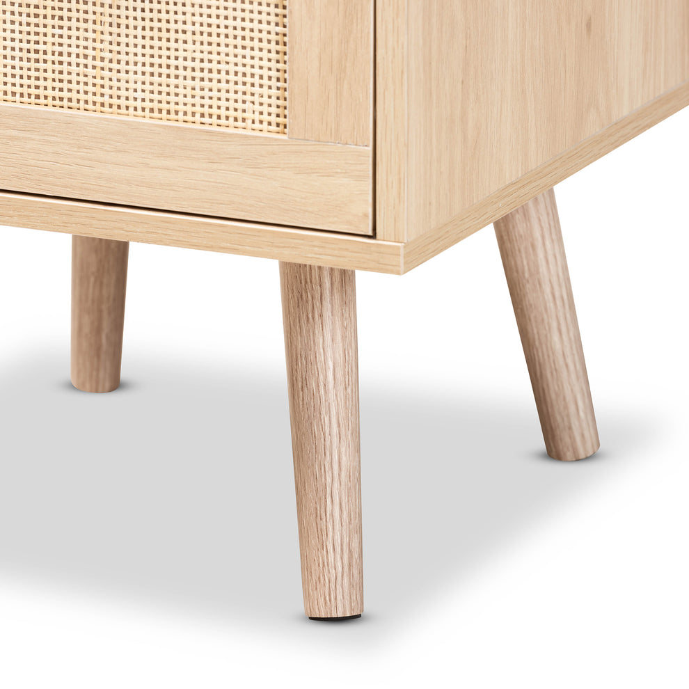 Baxton Studio Baird Mid-Century Modern Light Oak Brown Finished Wood and Rattan 2-Drawer End Table | Cabinets | Modishstore - 9