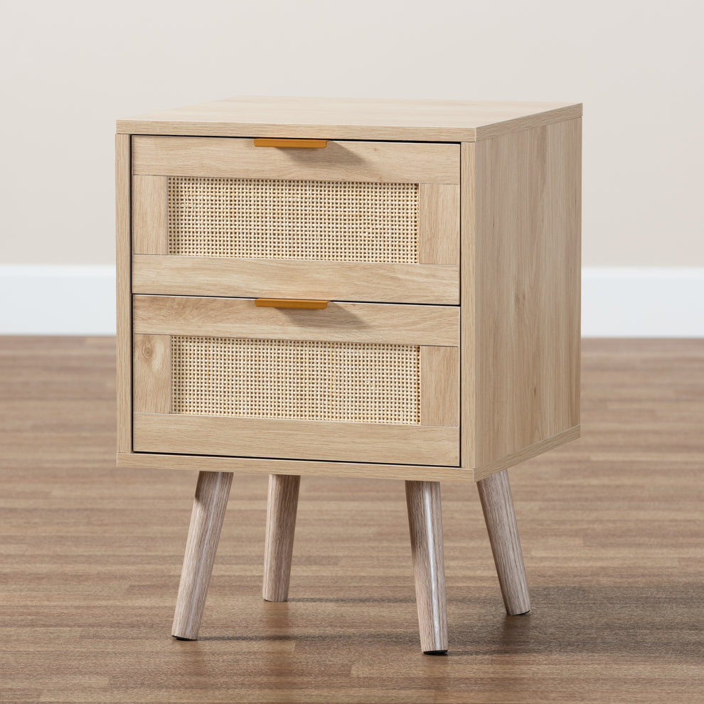 Baxton Studio Baird Mid-Century Modern Light Oak Brown Finished Wood and Rattan 2-Drawer End Table | Cabinets | Modishstore - 2