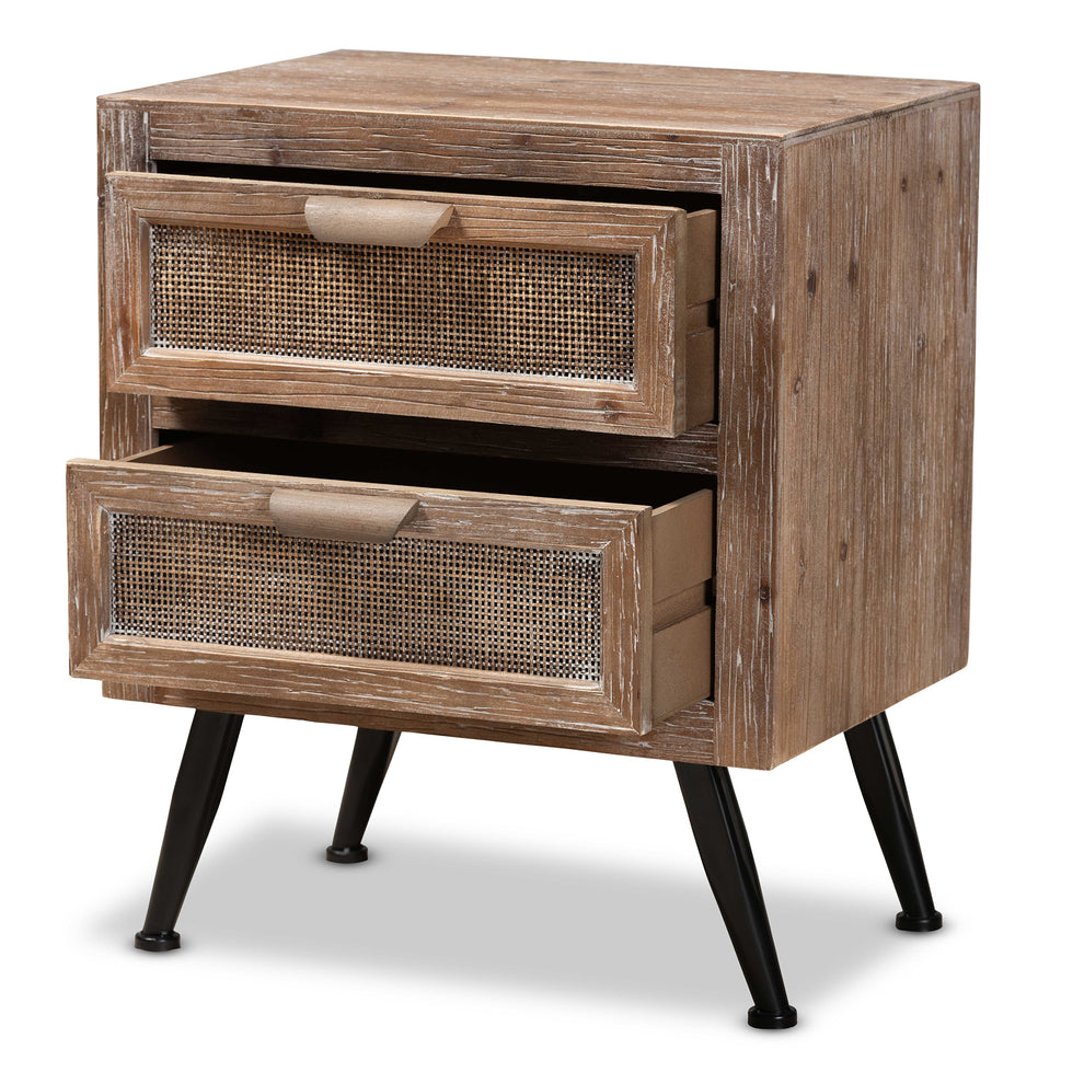 Baxton Studio Calida Mid-Century Modern Whitewashed Natural Brown Finished Wood and Rattan 2-Drawer End Table | Cabinets | Modishstore - 5
