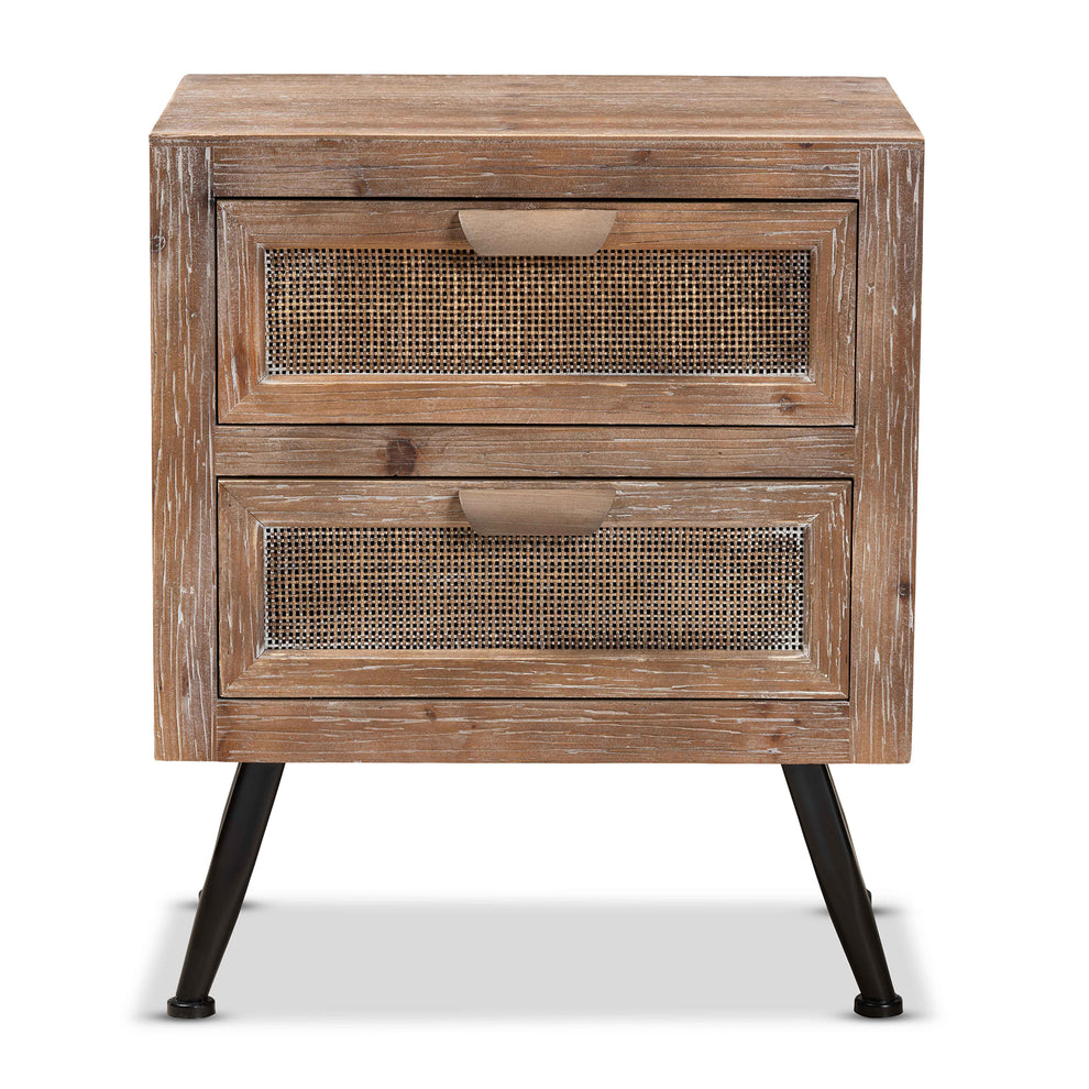 Baxton Studio Calida Mid-Century Modern Whitewashed Natural Brown Finished Wood and Rattan 2-Drawer End Table | Cabinets | Modishstore - 6