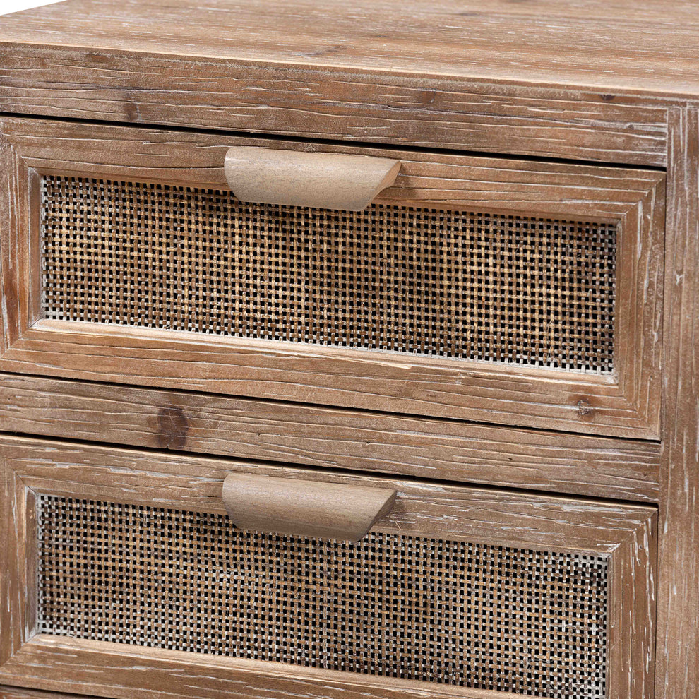 Baxton Studio Calida Mid-Century Modern Whitewashed Natural Brown Finished Wood and Rattan 2-Drawer End Table | Cabinets | Modishstore - 8