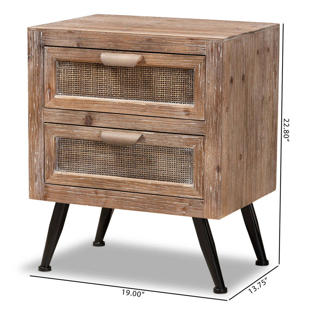Baxton Studio Calida Mid-Century Modern Whitewashed Natural Brown Finished Wood and Rattan 2-Drawer End Table | Cabinets | Modishstore - 3