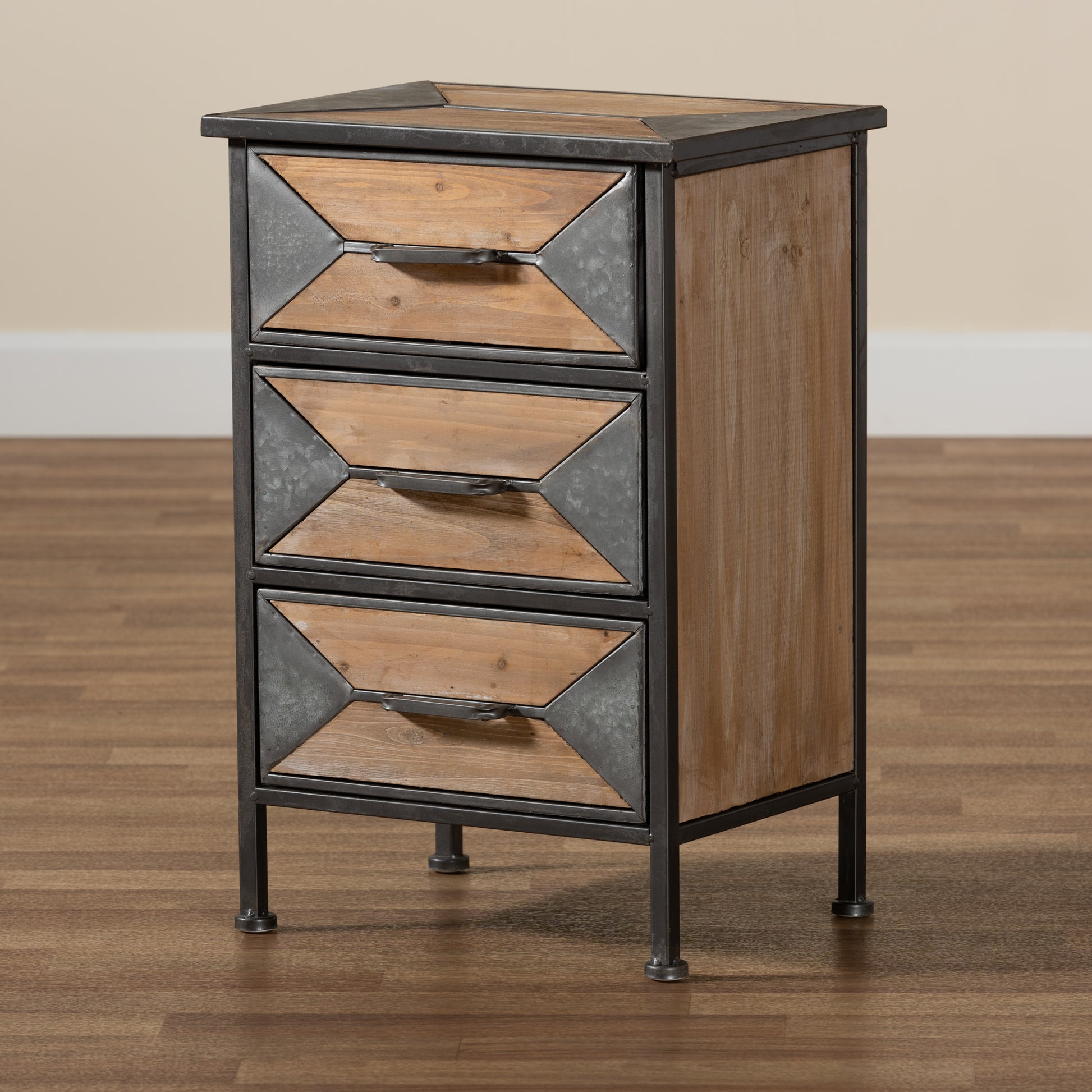 Baxton Studio Laurel Rustic Industrial Antique Grey Finished Metal and Whitewashed Oak Brown Finished Wood 3-Drawer End Table | Cabinets | Modishstore - 8