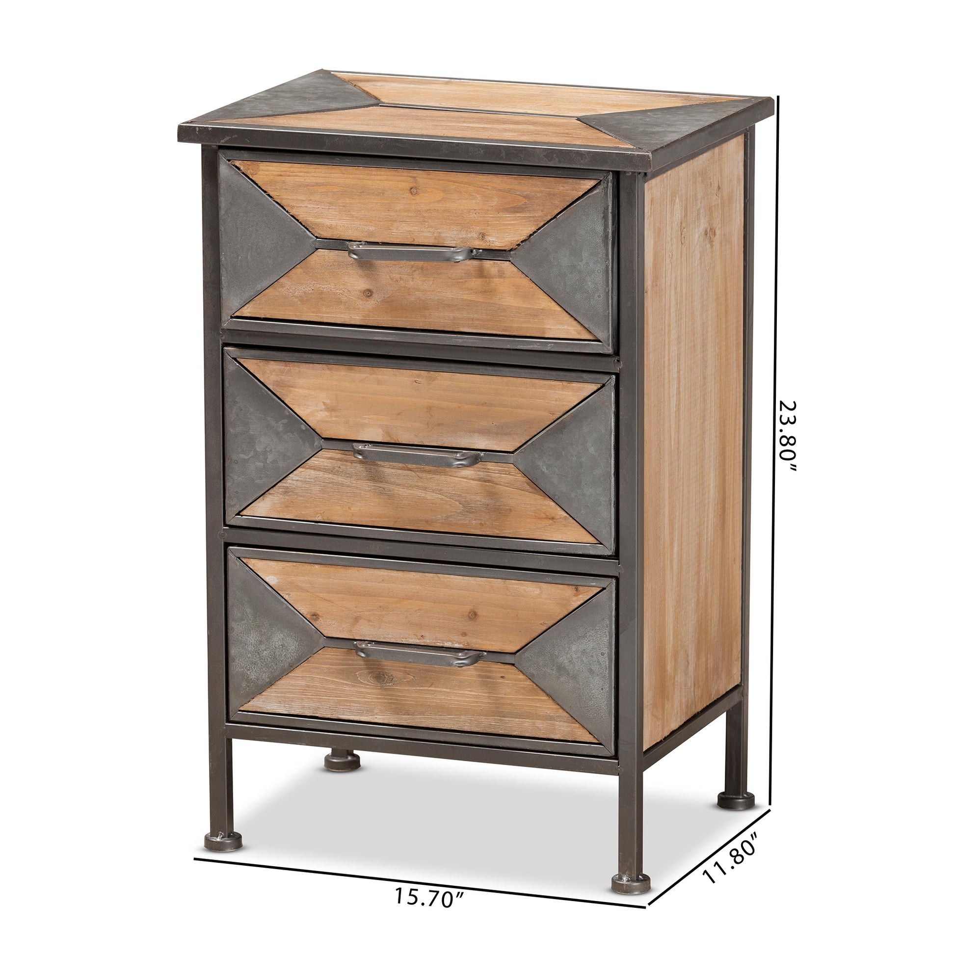 Baxton Studio Laurel Rustic Industrial Antique Grey Finished Metal and Whitewashed Oak Brown Finished Wood 3-Drawer End Table | Cabinets | Modishstore - 2
