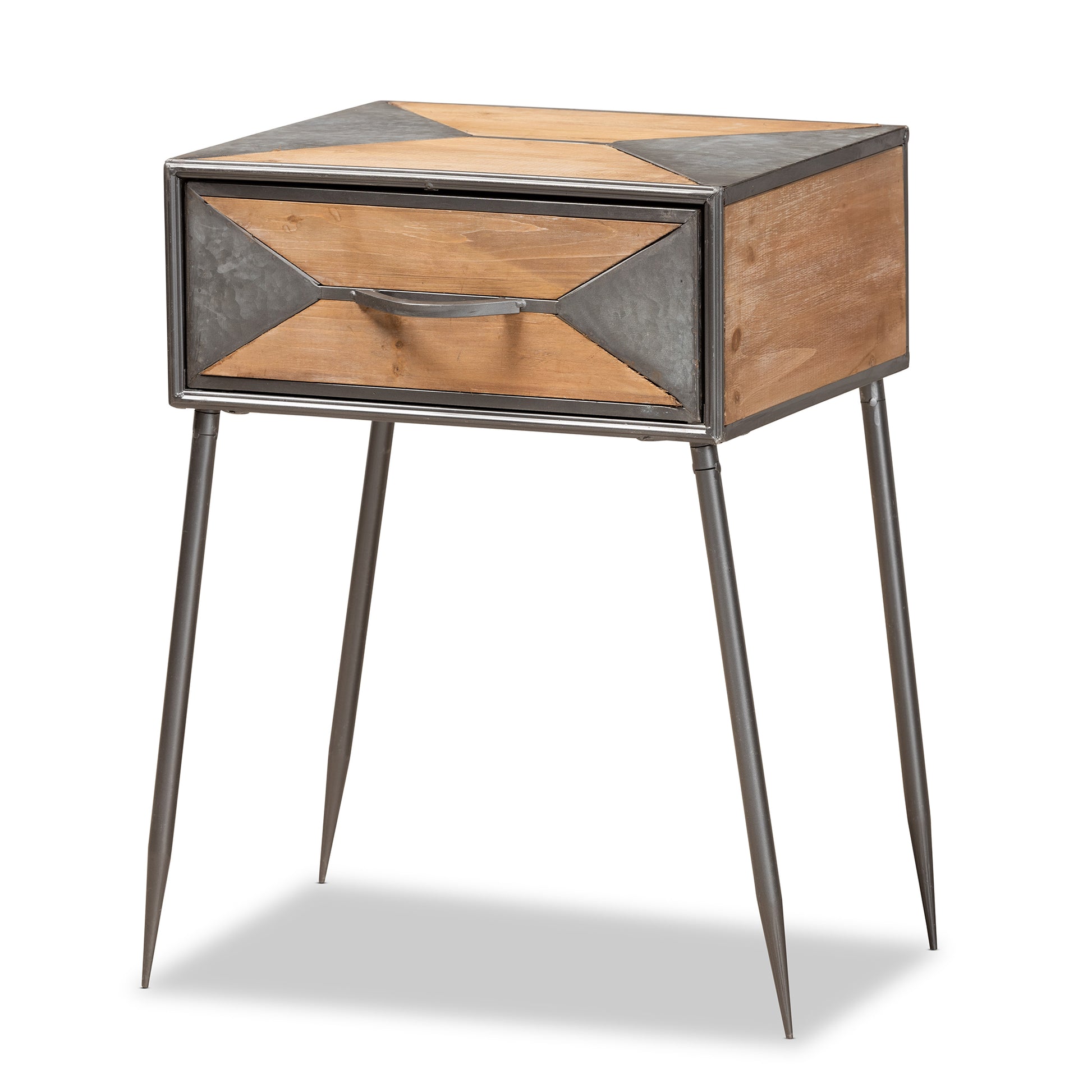 Baxton Studio Laurel Rustic Industrial Antique Grey Finished Metal and Whitewashed Oak Brown Finished Wood 1-Drawer End Table | Cabinets | Modishstore - 4