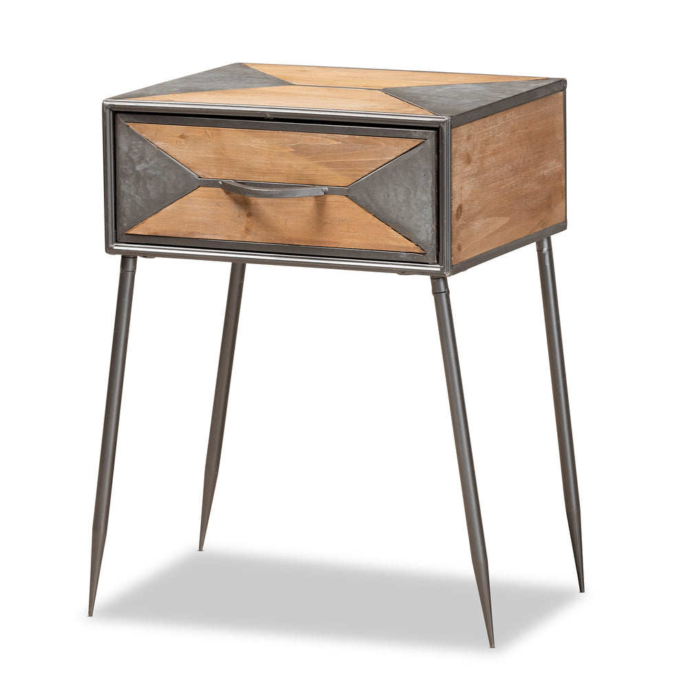 Baxton Studio Laurel Rustic Industrial Antique Grey Finished Metal and Whitewashed Oak Brown Finished Wood 1-Drawer End Table | Cabinets | Modishstore - 4