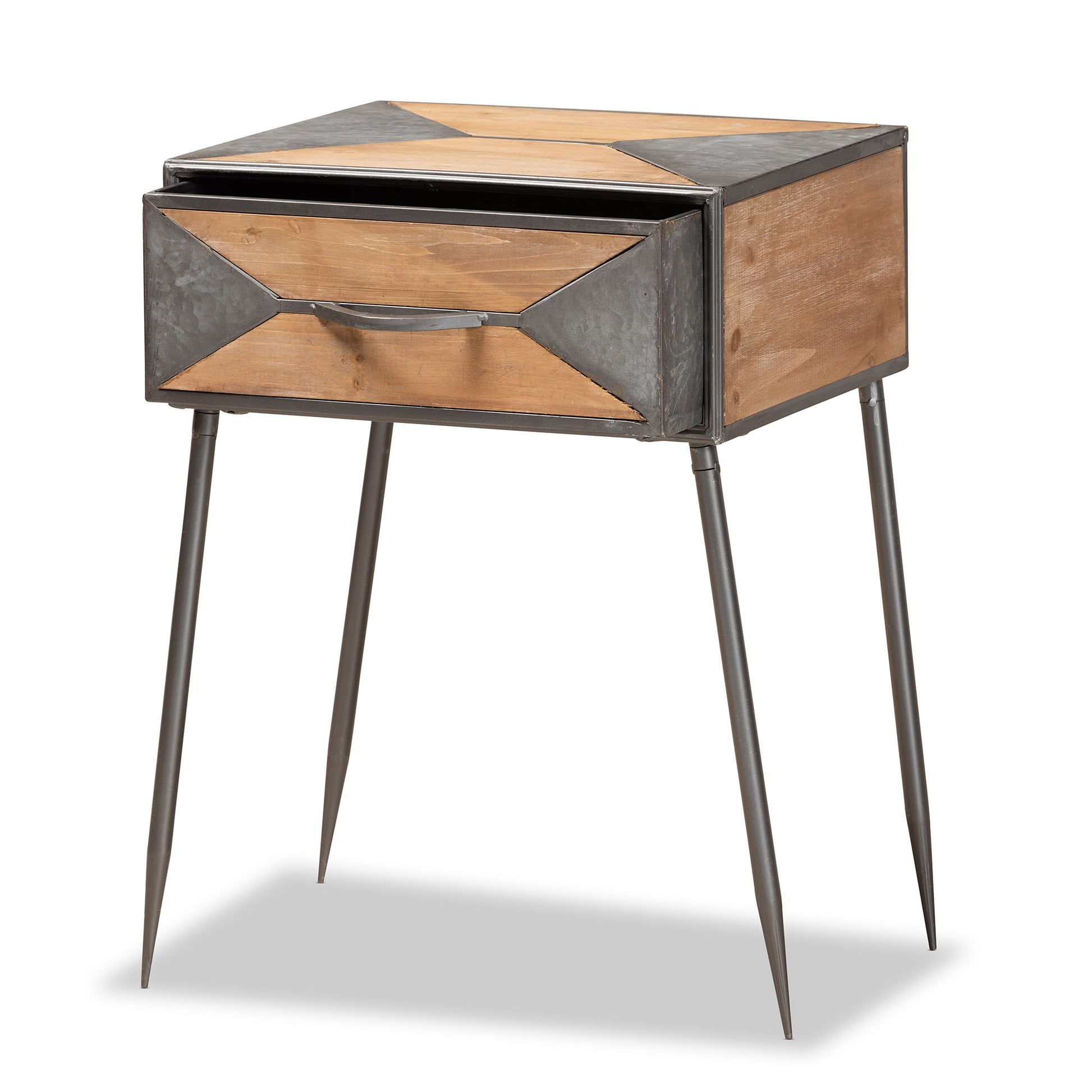 Baxton Studio Laurel Rustic Industrial Antique Grey Finished Metal and Whitewashed Oak Brown Finished Wood 1-Drawer End Table | Cabinets | Modishstore - 5