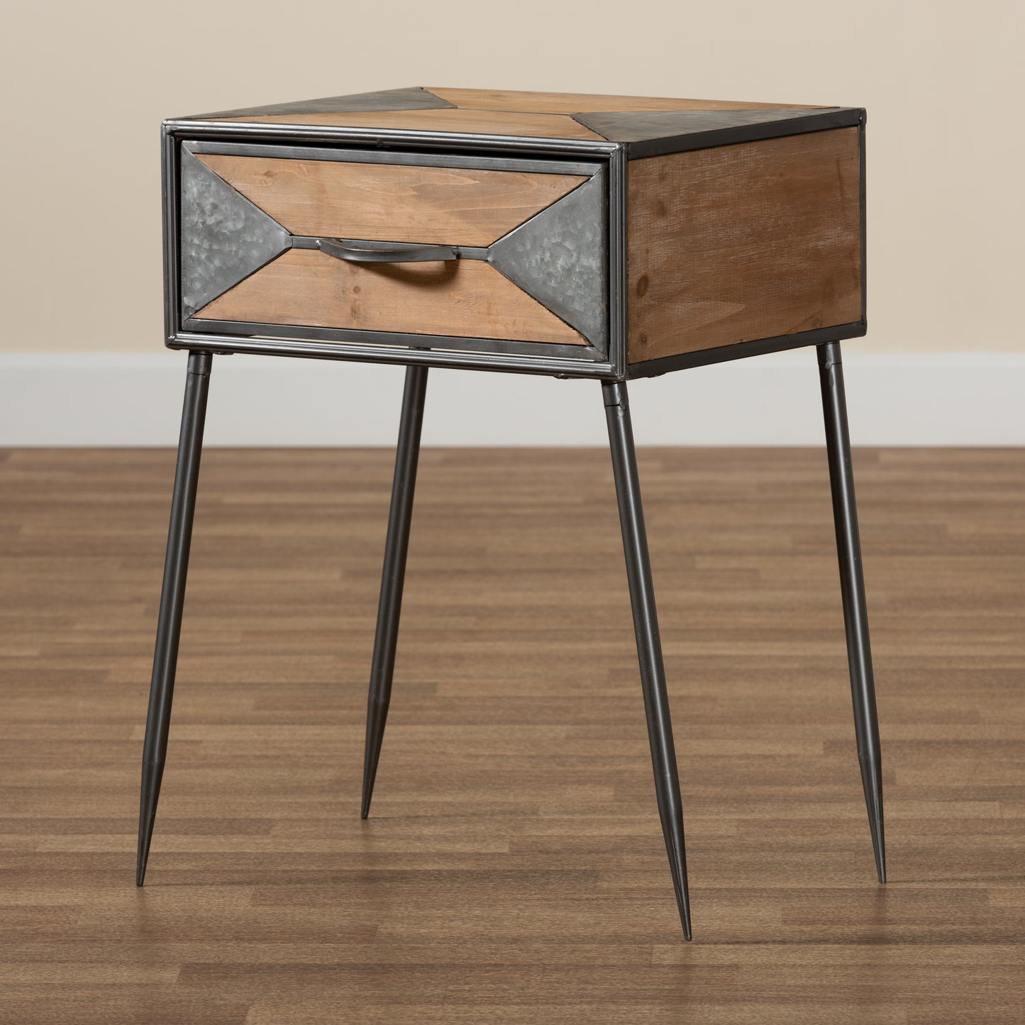 Baxton Studio Laurel Rustic Industrial Antique Grey Finished Metal and Whitewashed Oak Brown Finished Wood 1-Drawer End Table | Cabinets | Modishstore - 2