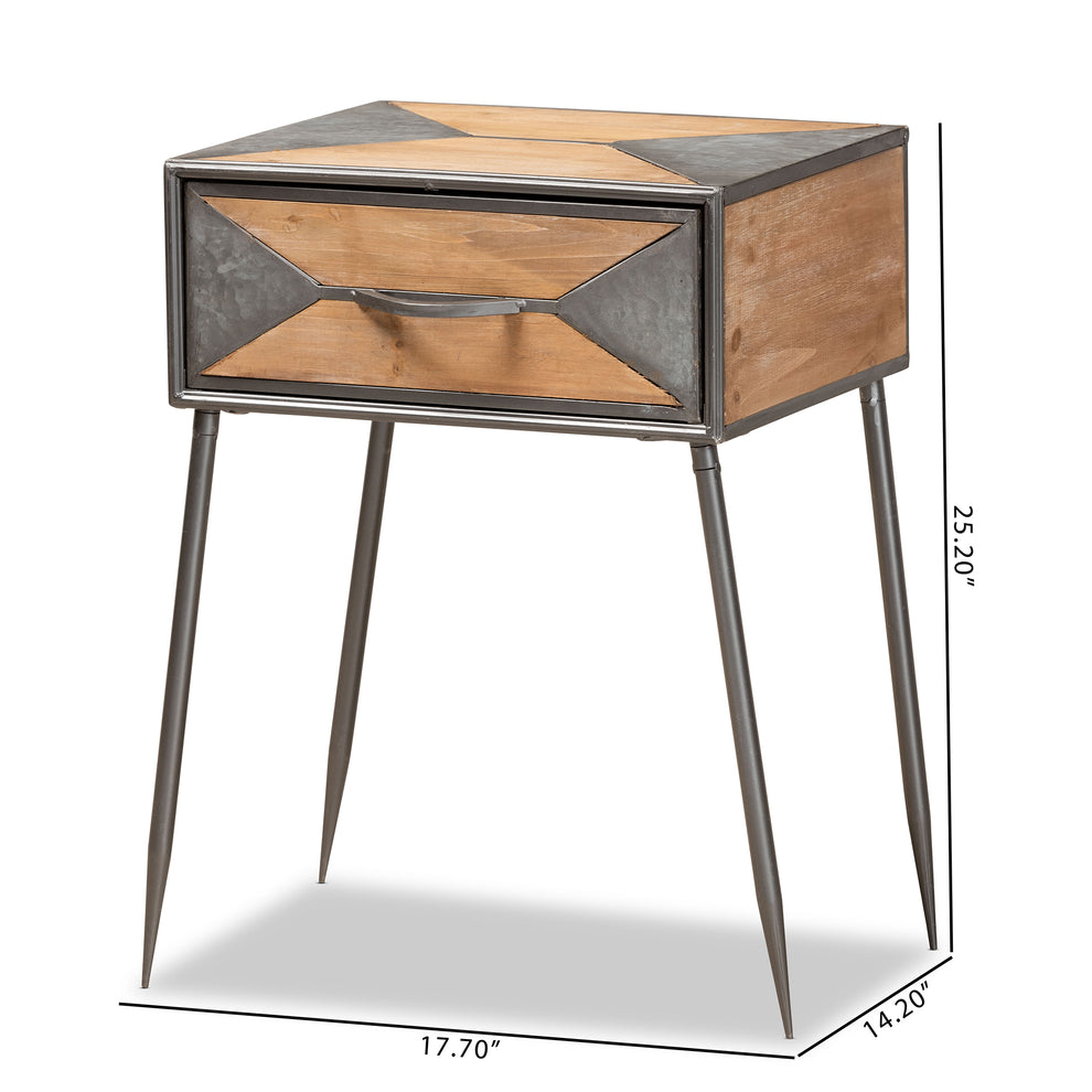 Baxton Studio Laurel Rustic Industrial Antique Grey Finished Metal and Whitewashed Oak Brown Finished Wood 1-Drawer End Table | Cabinets | Modishstore - 3