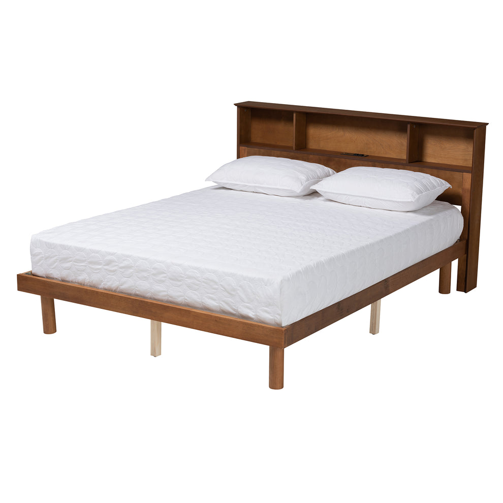 Baxton Studio Lochlan Mid-Century Modern Transitional Walnut Brown Finished Wood Full Size Platform Bed with Charging Station | Beds | Modishstore - 2