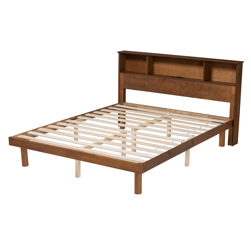 Baxton Studio Lochlan Mid-Century Modern Transitional Walnut Brown Finished Wood Full Size Platform Bed with Charging Station | Beds | Modishstore - 4