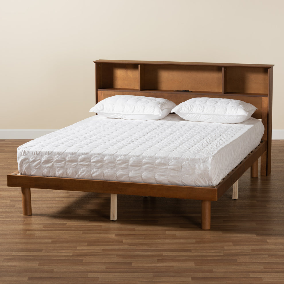 Baxton Studio Lochlan Mid-Century Modern Transitional Walnut Brown Finished Wood Full Size Platform Bed with Charging Station | Beds | Modishstore - 9