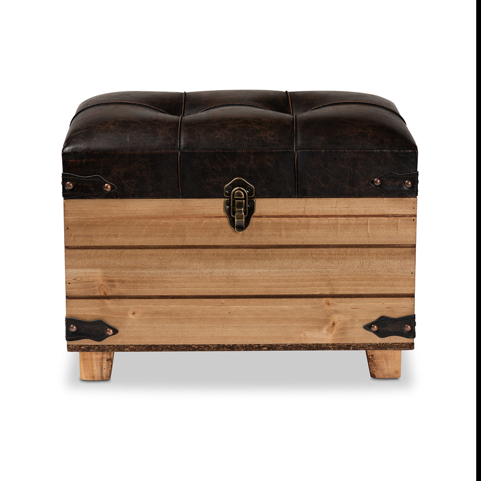 Baxton Studio Edmund Rustic Transitional Dark Brown Faux Leather Upholstered and Oak Brown Finished Wood Storage Ottoman | Ottomans | Modishstore - 4