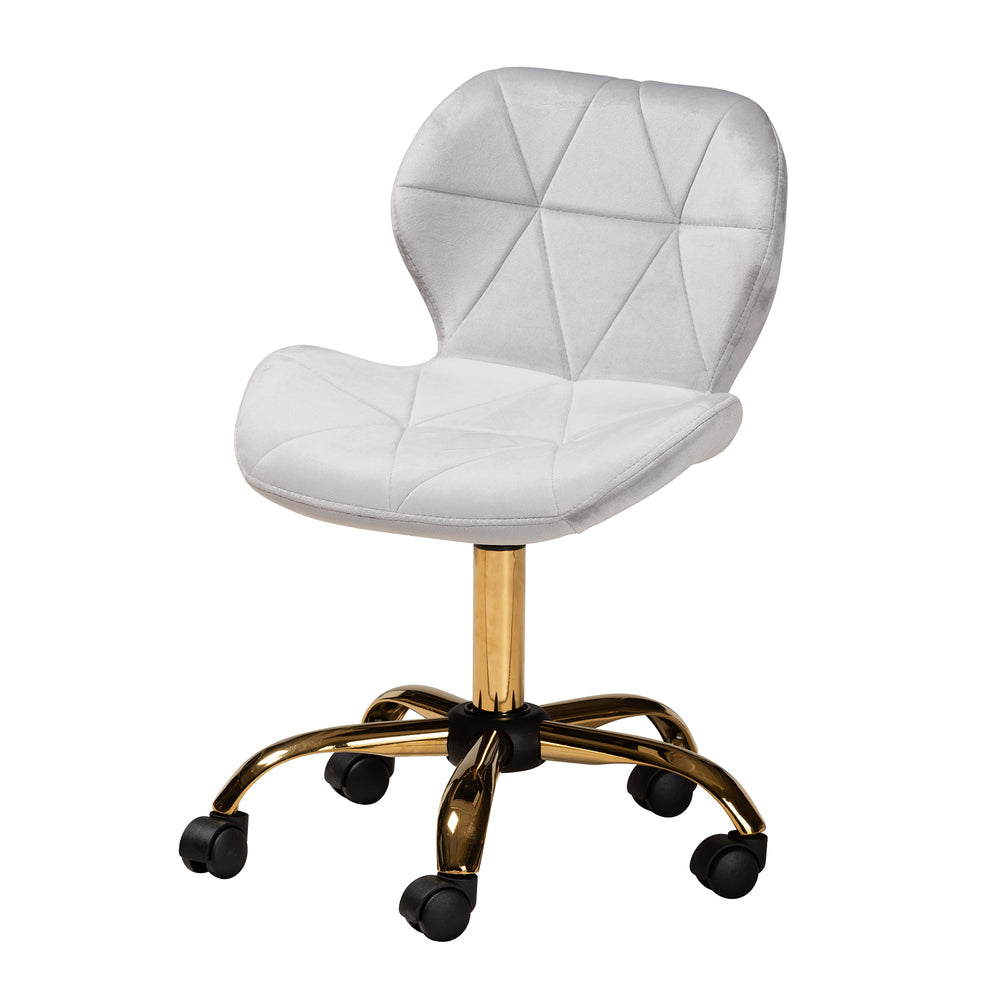 Baxton Studio Savara Contemporary Glam and Luxe Grey Velvet Fabric and Gold Metal Swivel Office Chair | Office Chairs | Modishstore - 2