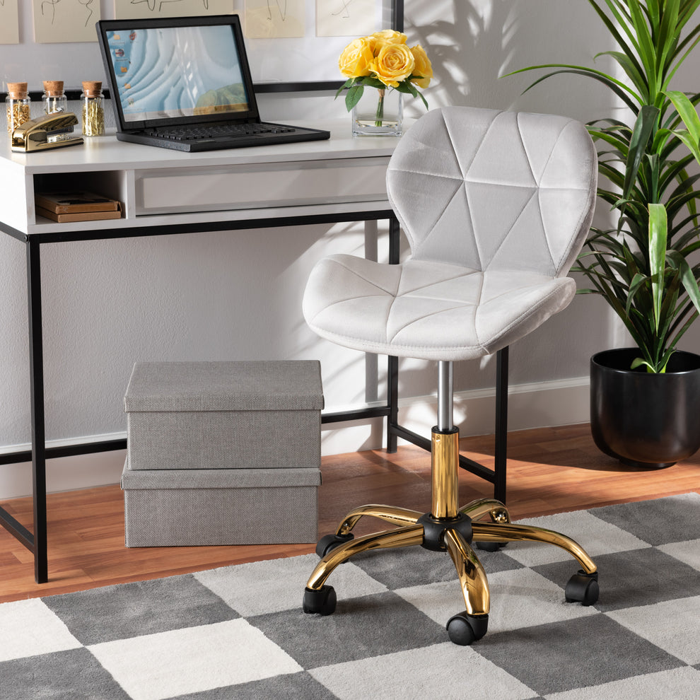 Baxton Studio Savara Contemporary Glam and Luxe Grey Velvet Fabric and Gold Metal Swivel Office Chair | Office Chairs | Modishstore