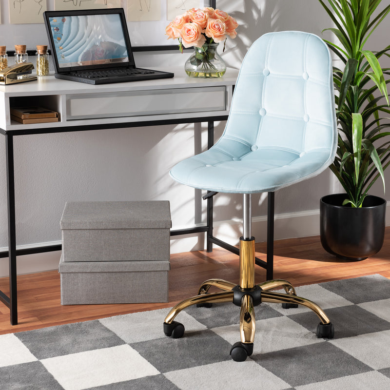 Baxton Studio Kabira Contemporary Glam and Luxe Aqua Velvet Fabric and Gold Metal Swivel Office chair | Office Chairs | Modishstore
