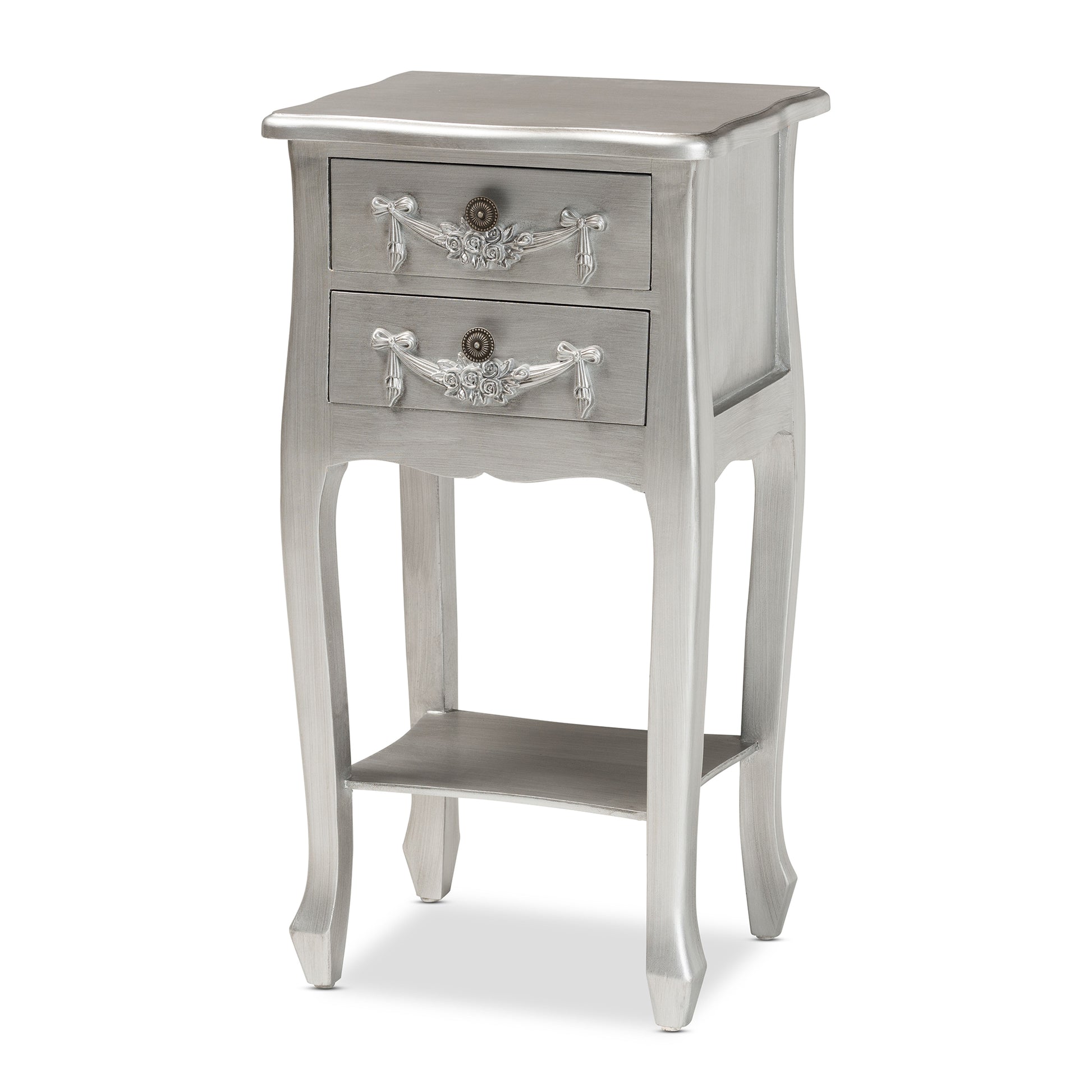 Baxton Studio Eliya Classic and Traditional Brushed Silver Finished Wood 2-Drawer End Table | Cabinets | Modishstore - 4