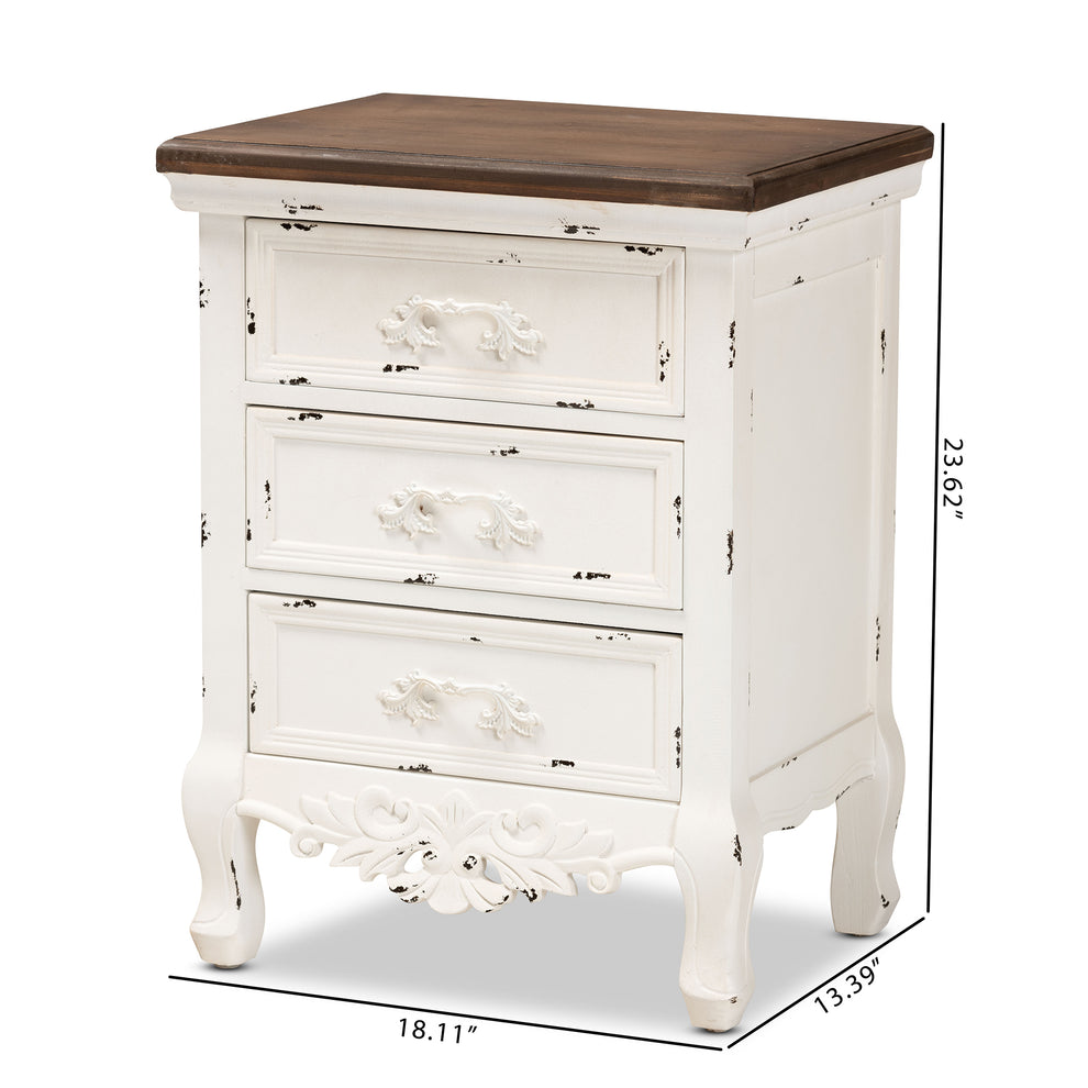 Baxton Studio Levron Classic and Traditional Walnut Brown and Antique White Finished Wood 3-Drawer End Table | Cabinets | Modishstore - 3