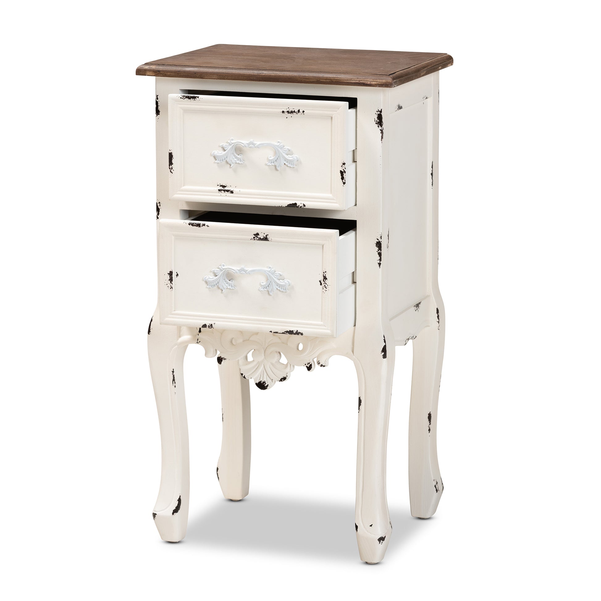 Baxton Studio Levron Classic and Traditional Two-Tone Walnut Brown and Antique White Finished Wood 2-Drawer End Table | Cabinets | Modishstore - 5
