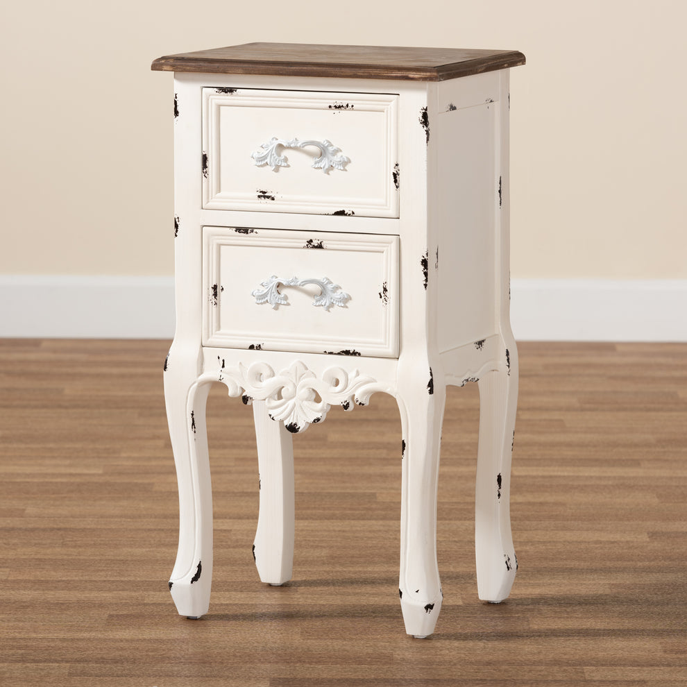 Baxton Studio Levron Classic and Traditional Two-Tone Walnut Brown and Antique White Finished Wood 2-Drawer End Table | Cabinets | Modishstore - 2