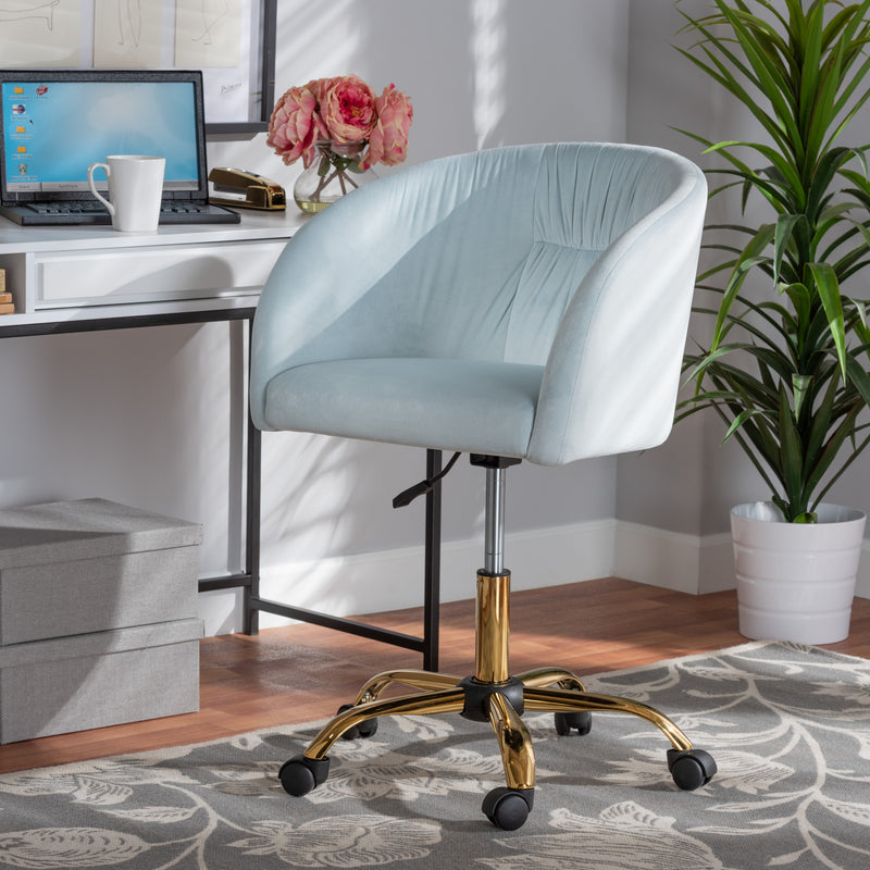 Baxton Studio Ravenna Contemporary Glam and Luxe Aqua Velvet Fabric and Gold Metal Swivel Office Chair | Office Chairs | Modishstore