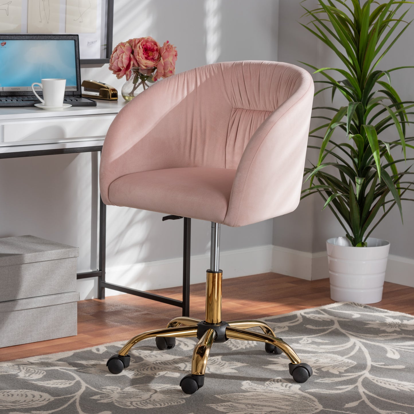 Baxton Studio Ravenna Contemporary Glam and Luxe Blush Pink Velvet Fabric and Gold Metal Swivel Office Chair | Office Chairs | Modishstore