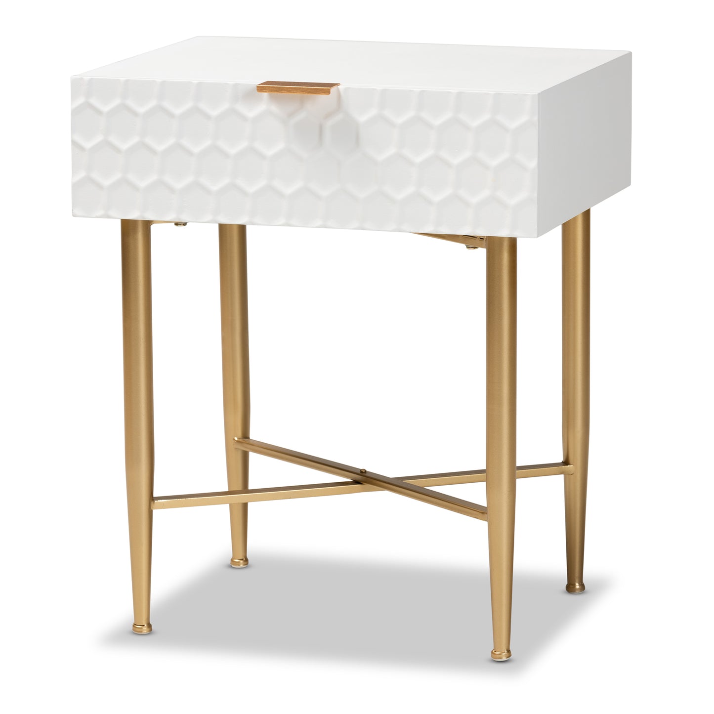 Baxton Studio Marcin Contemporary Glam and Luxe White Finished Wood and Gold Metal 1-Drawer End Table | Cabinets | Modishstore - 5