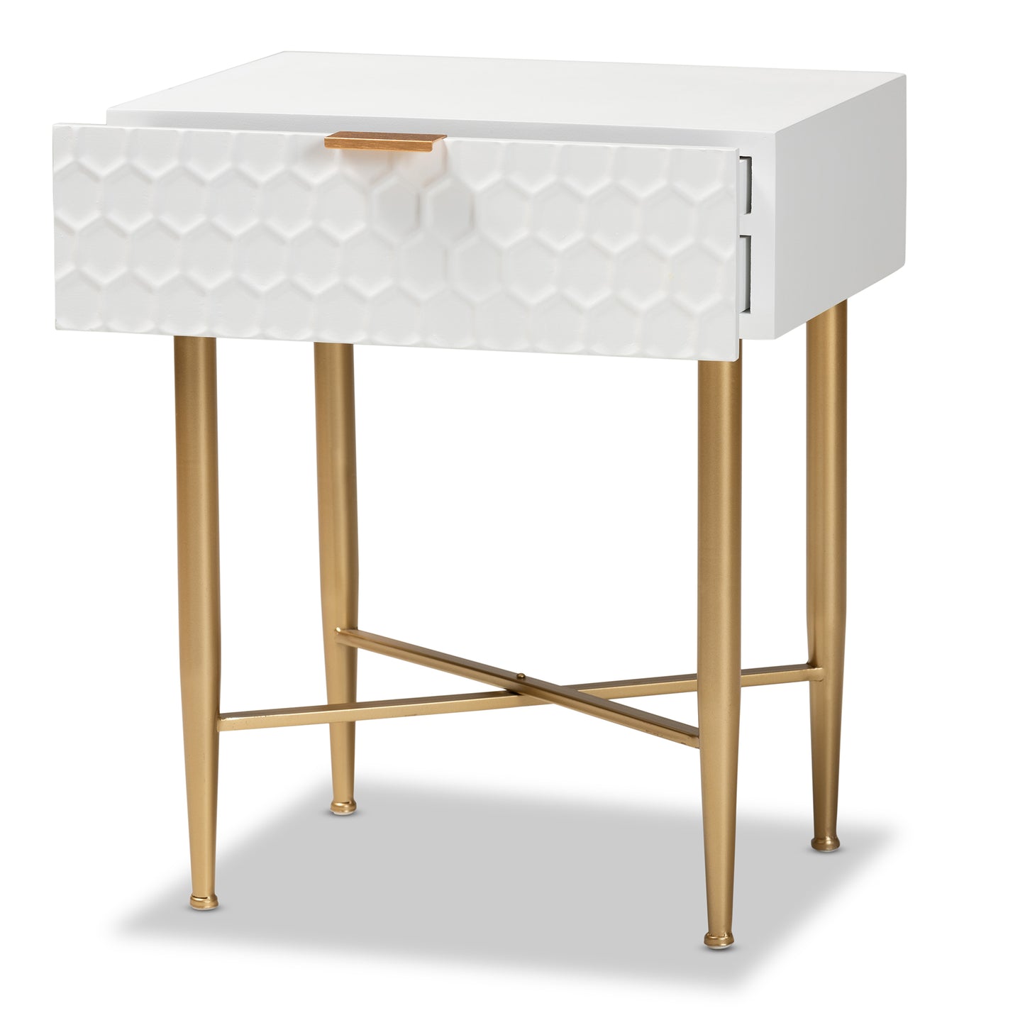 Baxton Studio Marcin Contemporary Glam and Luxe White Finished Wood and Gold Metal 1-Drawer End Table | Cabinets | Modishstore - 6