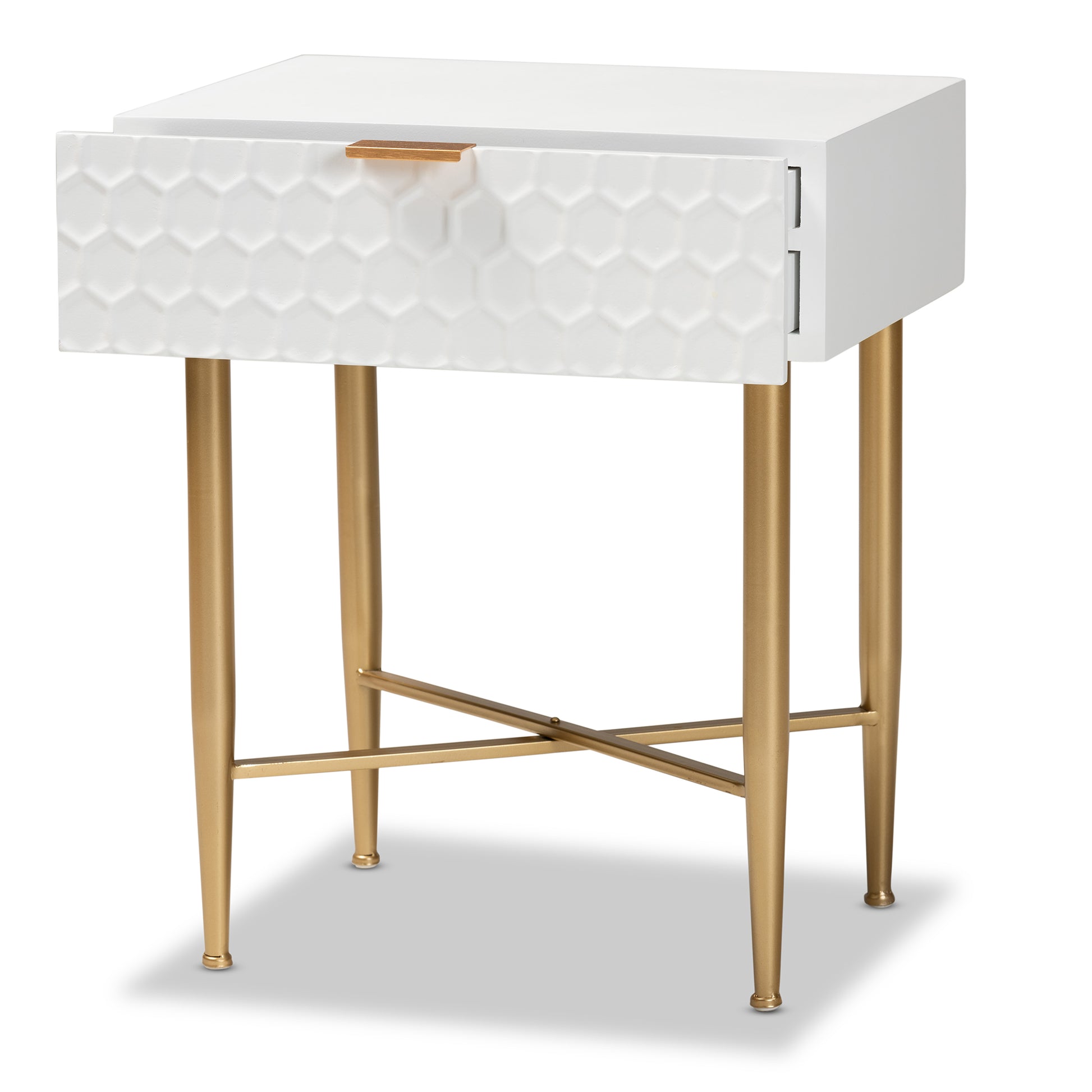 Baxton Studio Marcin Contemporary Glam and Luxe White Finished Wood and Gold Metal 1-Drawer End Table | Cabinets | Modishstore - 6