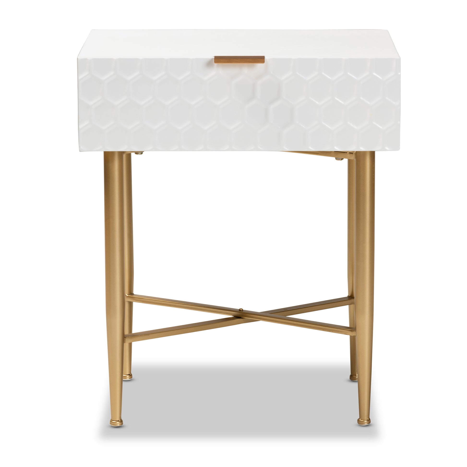 Baxton Studio Marcin Contemporary Glam and Luxe White Finished Wood and Gold Metal 1-Drawer End Table | Cabinets | Modishstore - 7