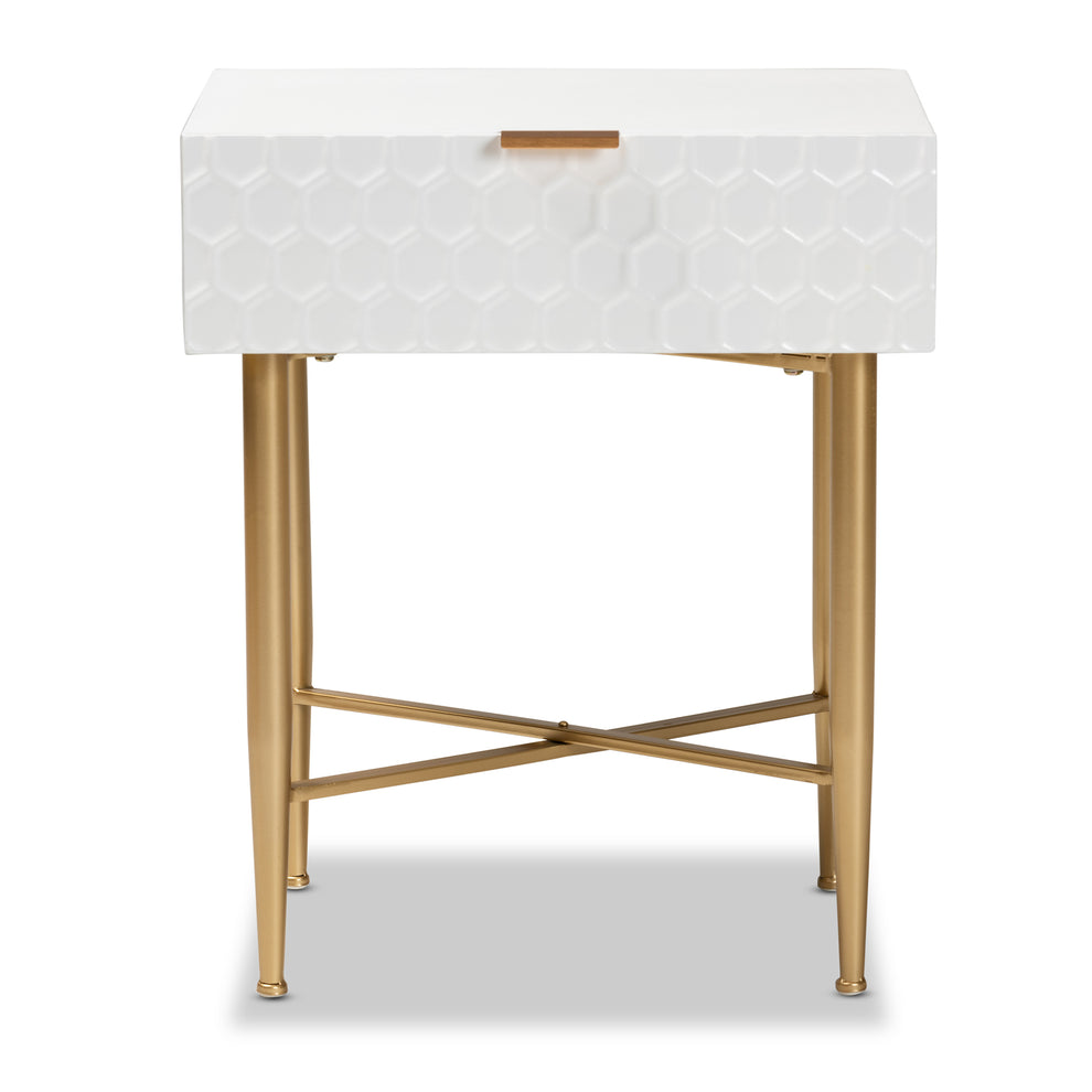 Baxton Studio Marcin Contemporary Glam and Luxe White Finished Wood and Gold Metal 1-Drawer End Table | Cabinets | Modishstore - 7
