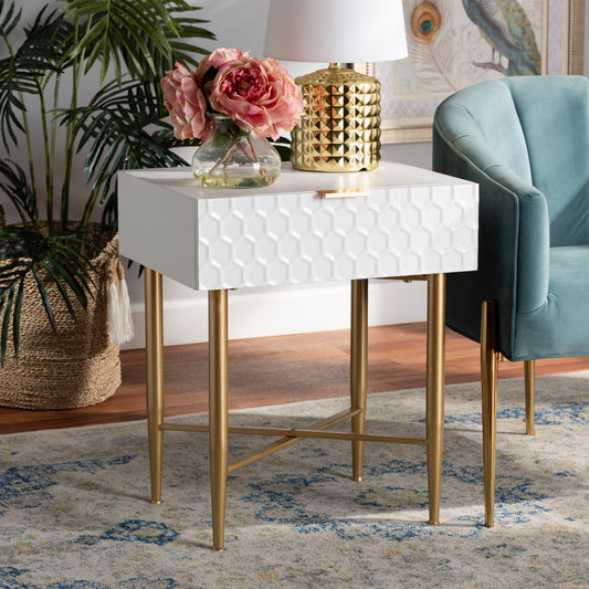 Baxton Studio Marcin Contemporary Glam and Luxe White Finished Wood and Gold Metal 1-Drawer End Table | Cabinets | Modishstore