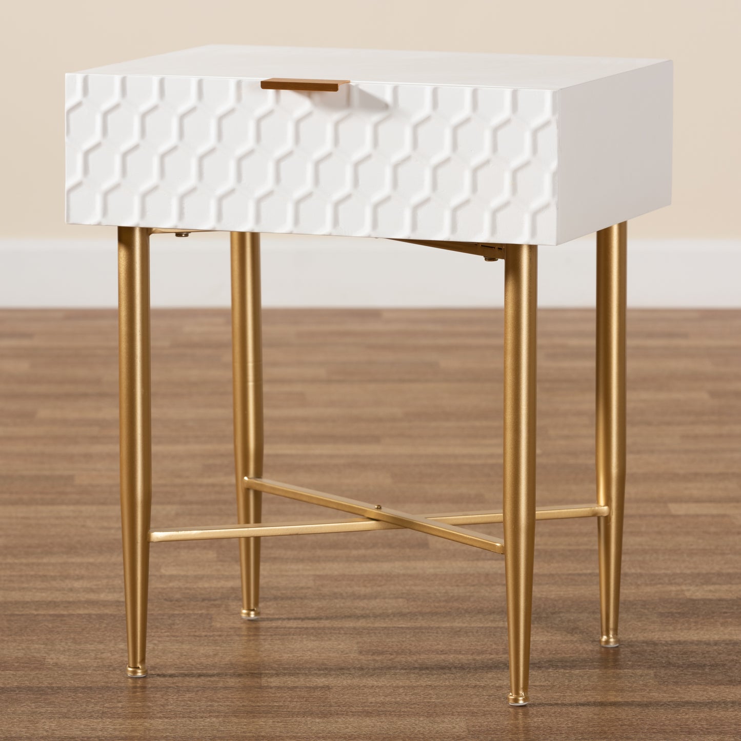 Baxton Studio Marcin Contemporary Glam and Luxe White Finished Wood and Gold Metal 1-Drawer End Table | Cabinets | Modishstore - 2