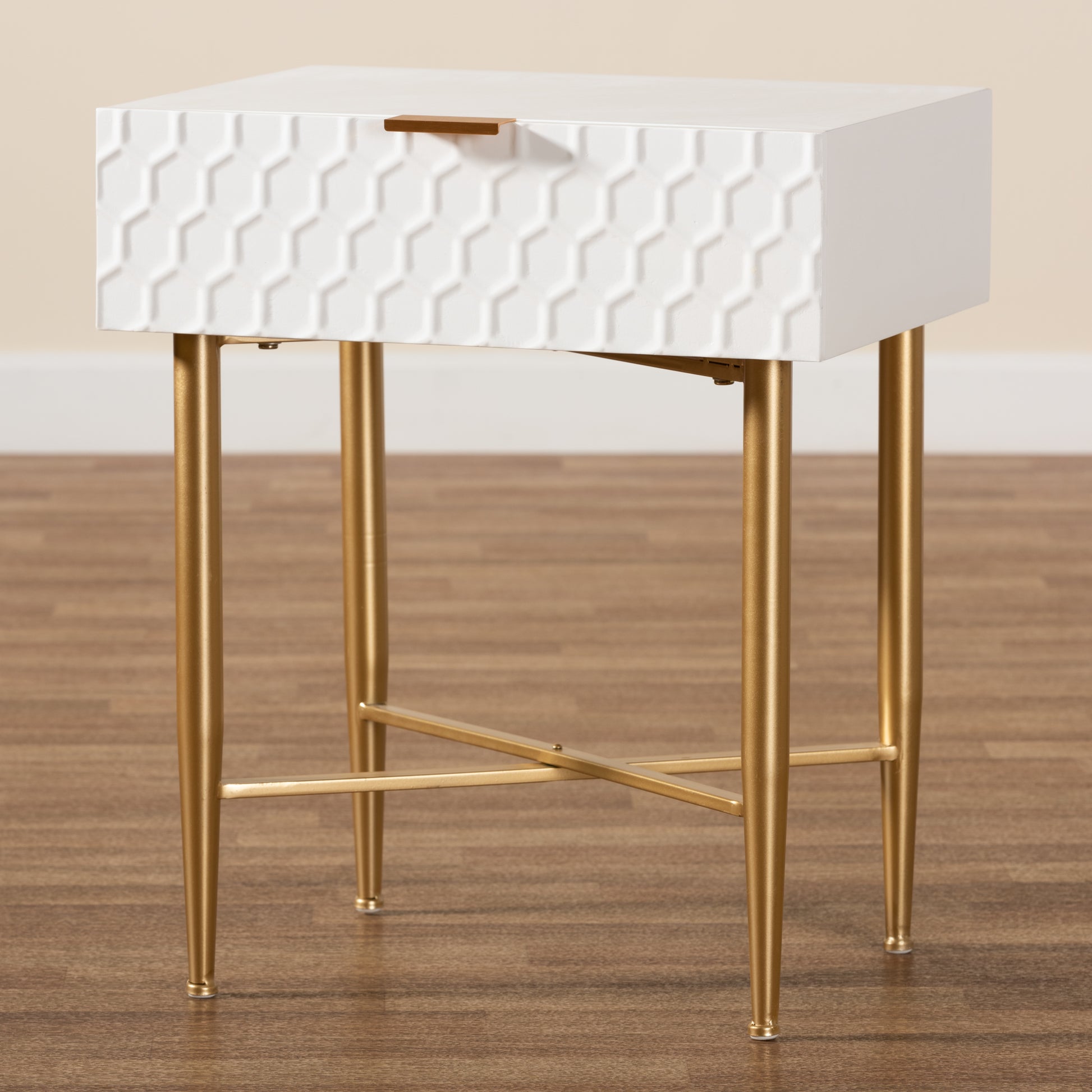 Baxton Studio Marcin Contemporary Glam and Luxe White Finished Wood and Gold Metal 1-Drawer End Table | Cabinets | Modishstore - 2