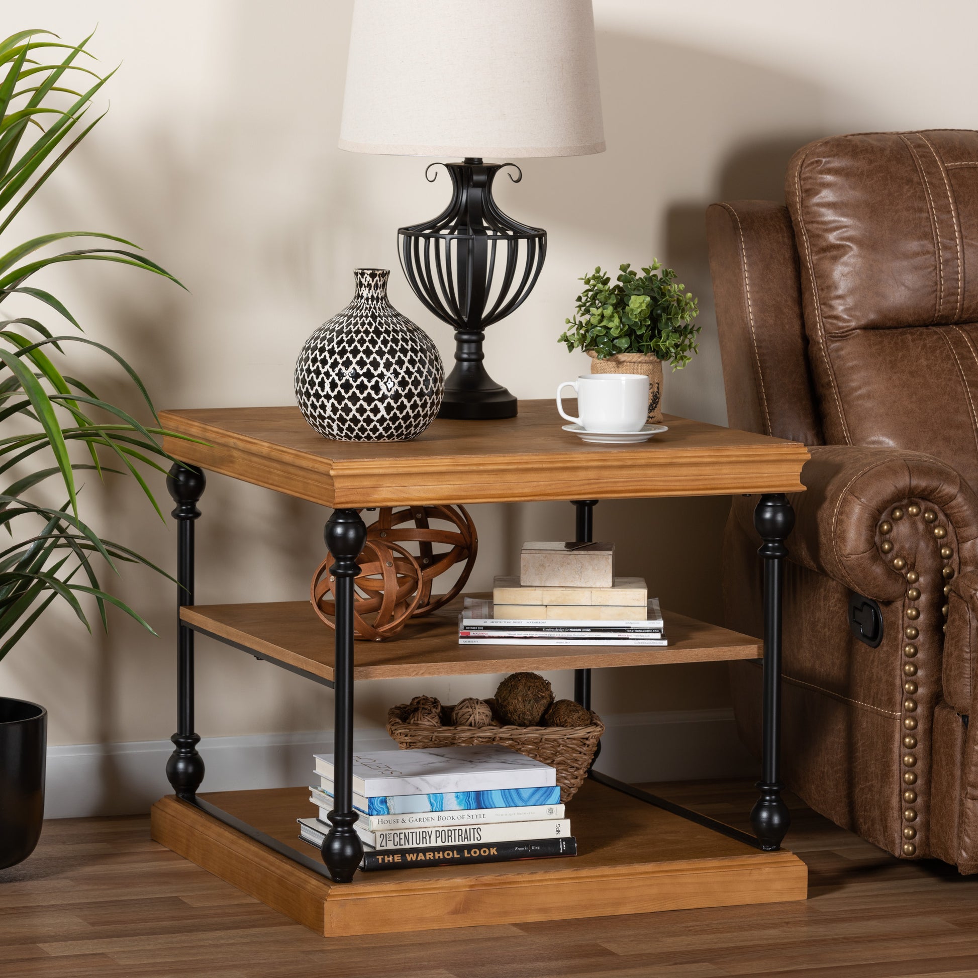 Baxton Studio Sebastian Traditional Industrial Oak Brown Finished Wood and Black Metal 3-Tier End Table | End Tables | Modishstore