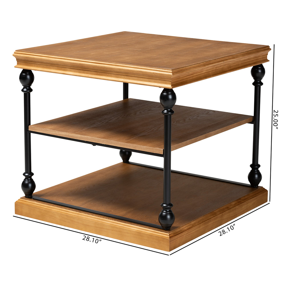 Baxton Studio Sebastian Traditional Industrial Oak Brown Finished Wood and Black Metal 3-Tier End Table | End Tables | Modishstore - 2