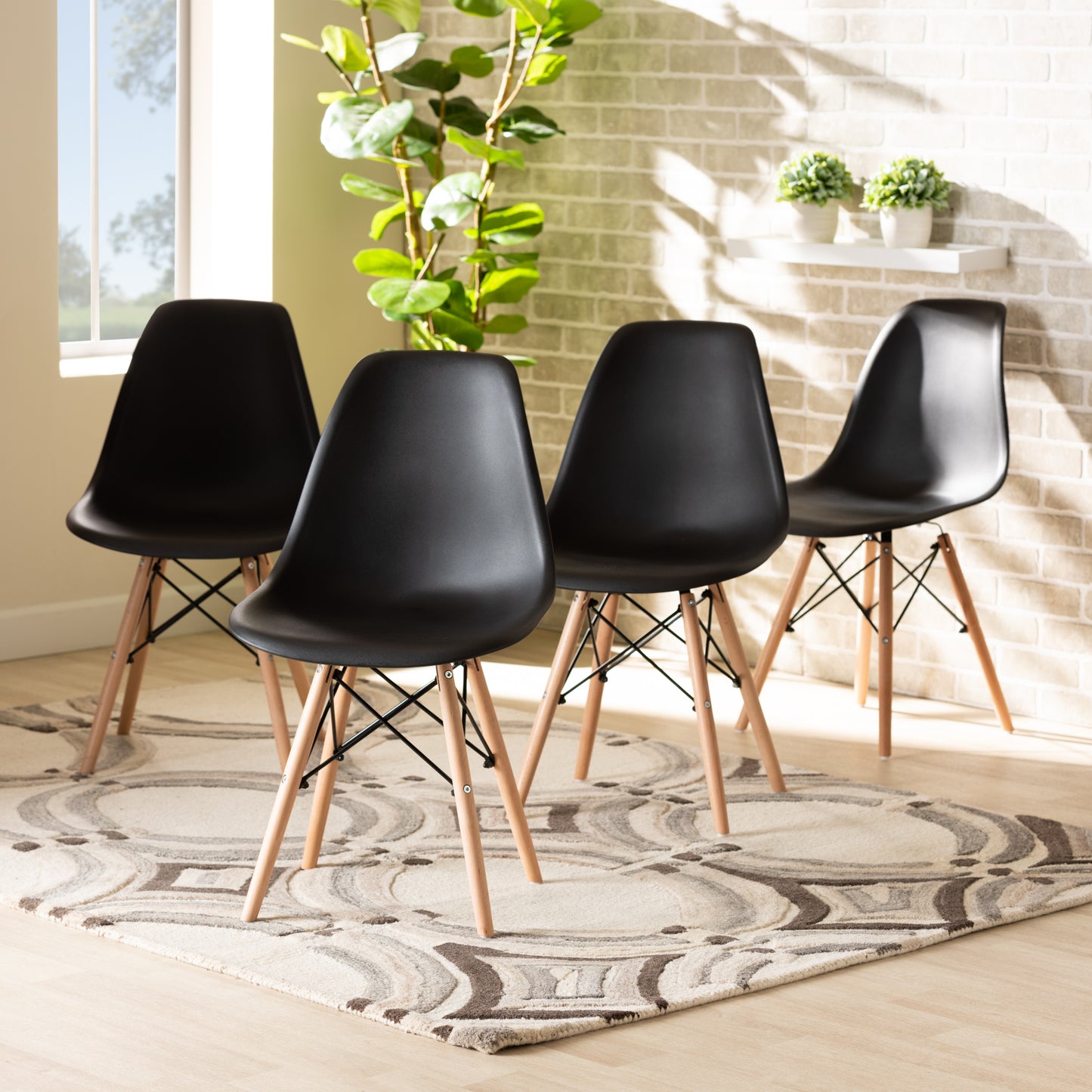 Baxton Studio Jaspen Modern and Contemporary Black Finished Polypropylene Plastic and Oak Brown Finished Wood 4-Piece Dining Chair Set | Dining Chairs | Modishstore