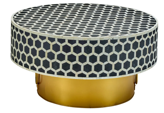 Inlaid Bone and Gold Metal Round Coffee Table 34 Inch Diameter.