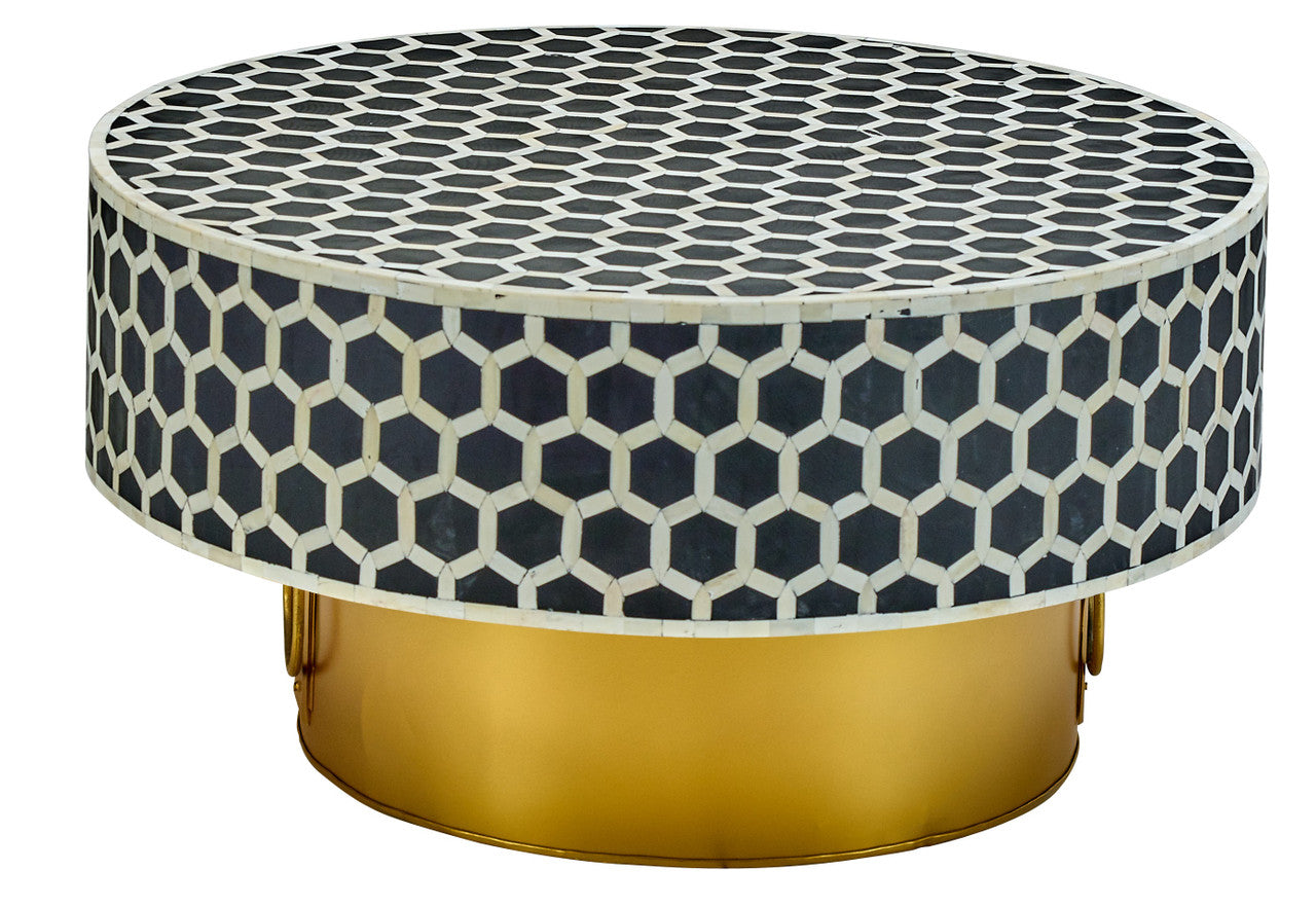 Inlaid Bone and Gold Metal Round Coffee Table 34 Inch Diameter. |  | Modishstore - 1
